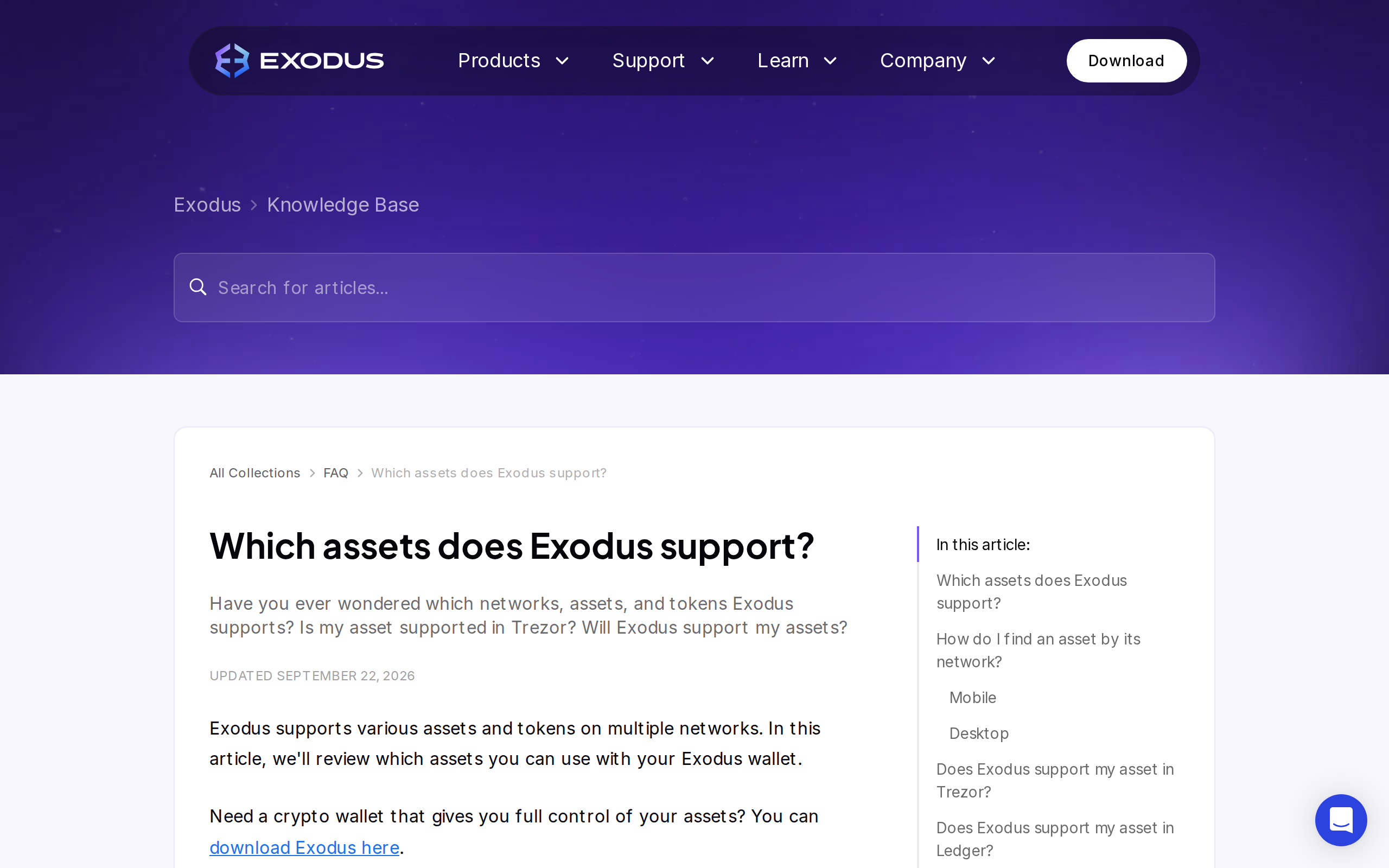 Exodus support article headline reading Which assets does Exodus support, listing its payment and security features