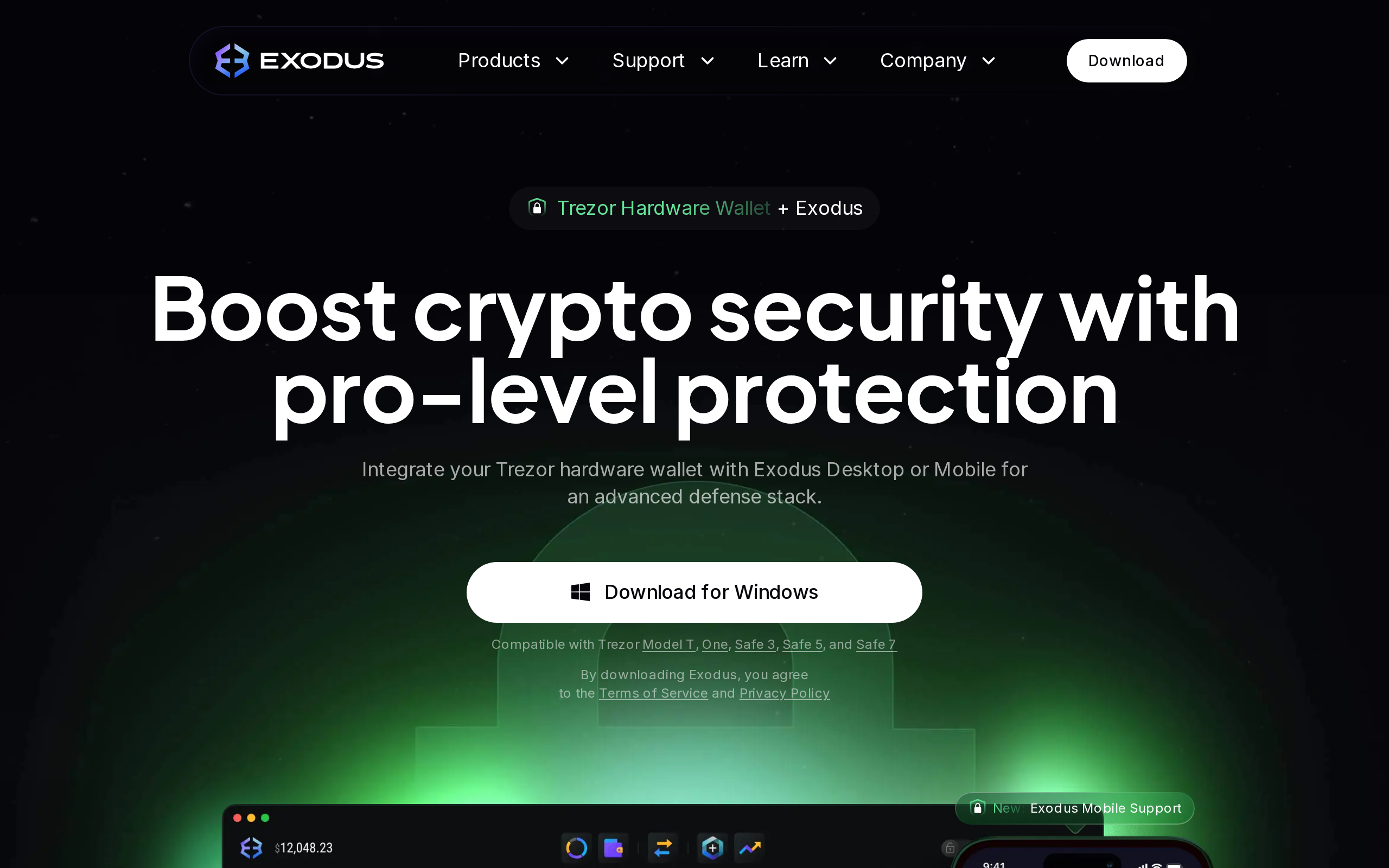 Exodus Trezor hardware wallet page headline reading Boost crypto security with pro-level protection