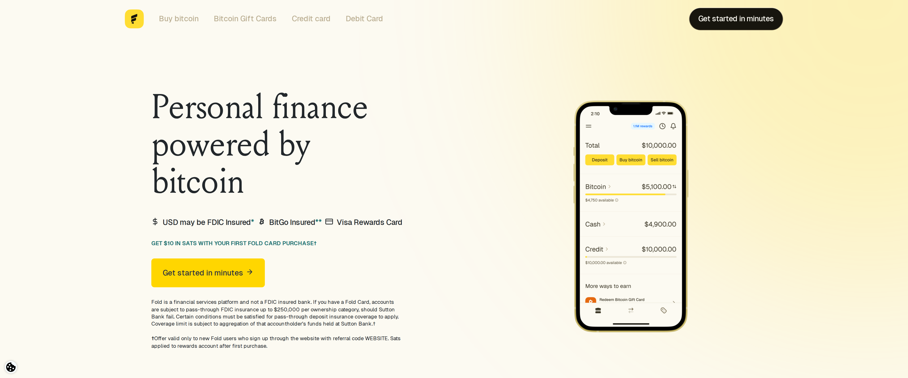 Fold homepage headline reading Personal finance powered by bitcoin, with a phone app illustration and a ten dollar price shown