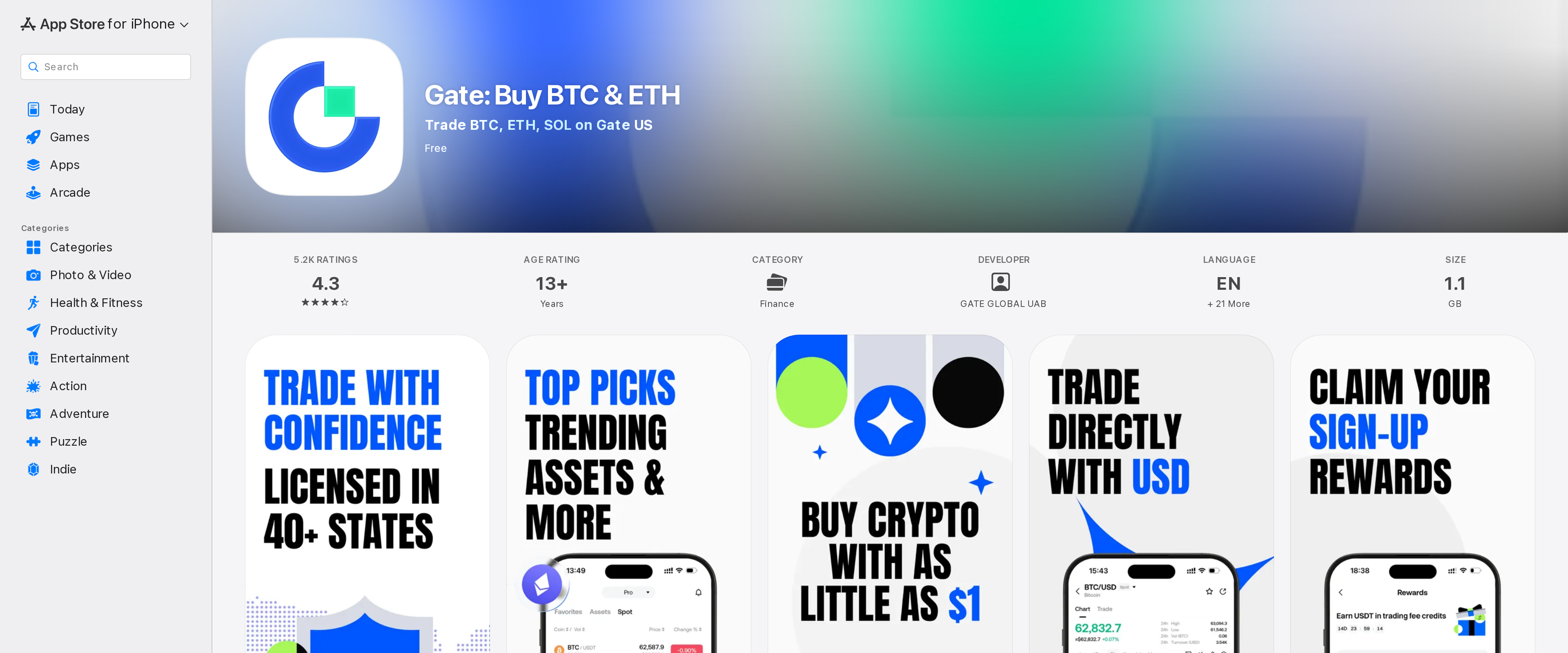 App Store listing for the Gate app, showing screens for trading BTC, ETH and SOL through Gate US