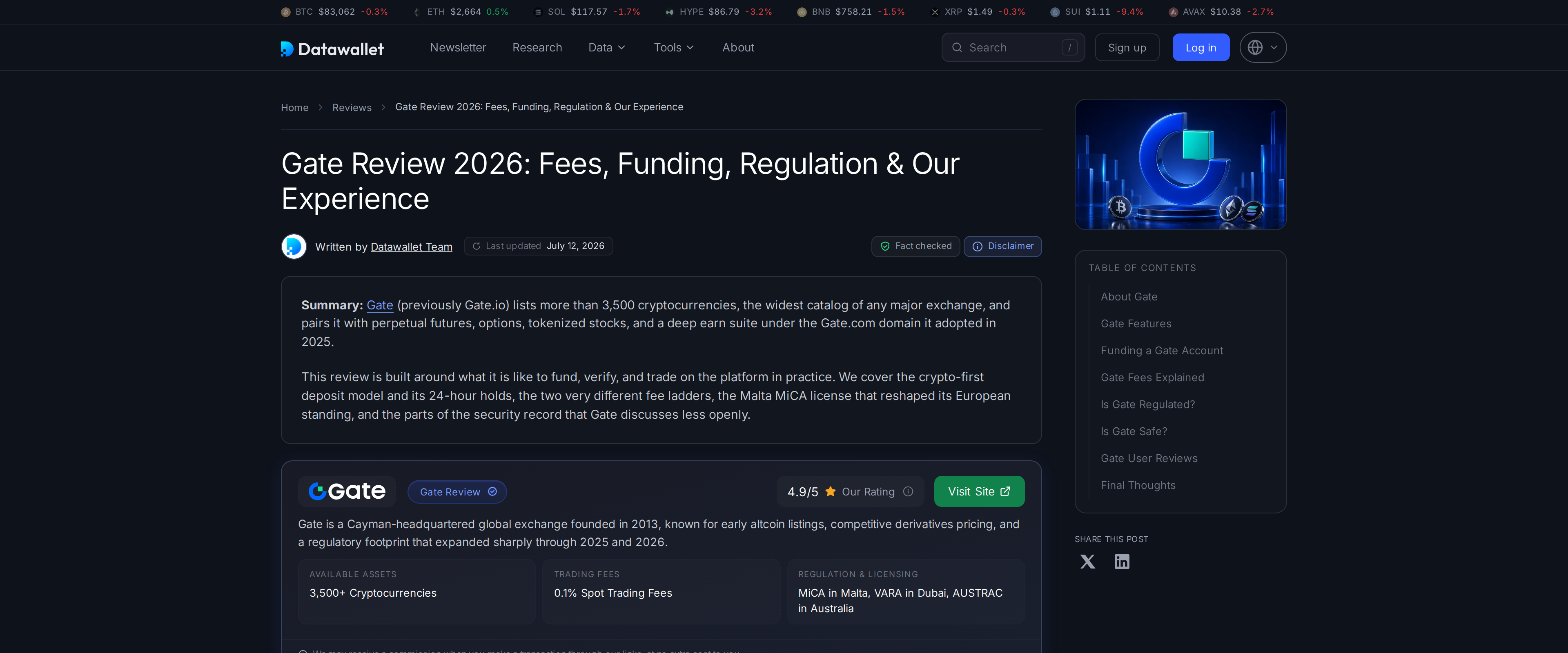 Independent review of Gate covering fees, funding and regulation, describing it as Cayman-headquartered and founded in 2013