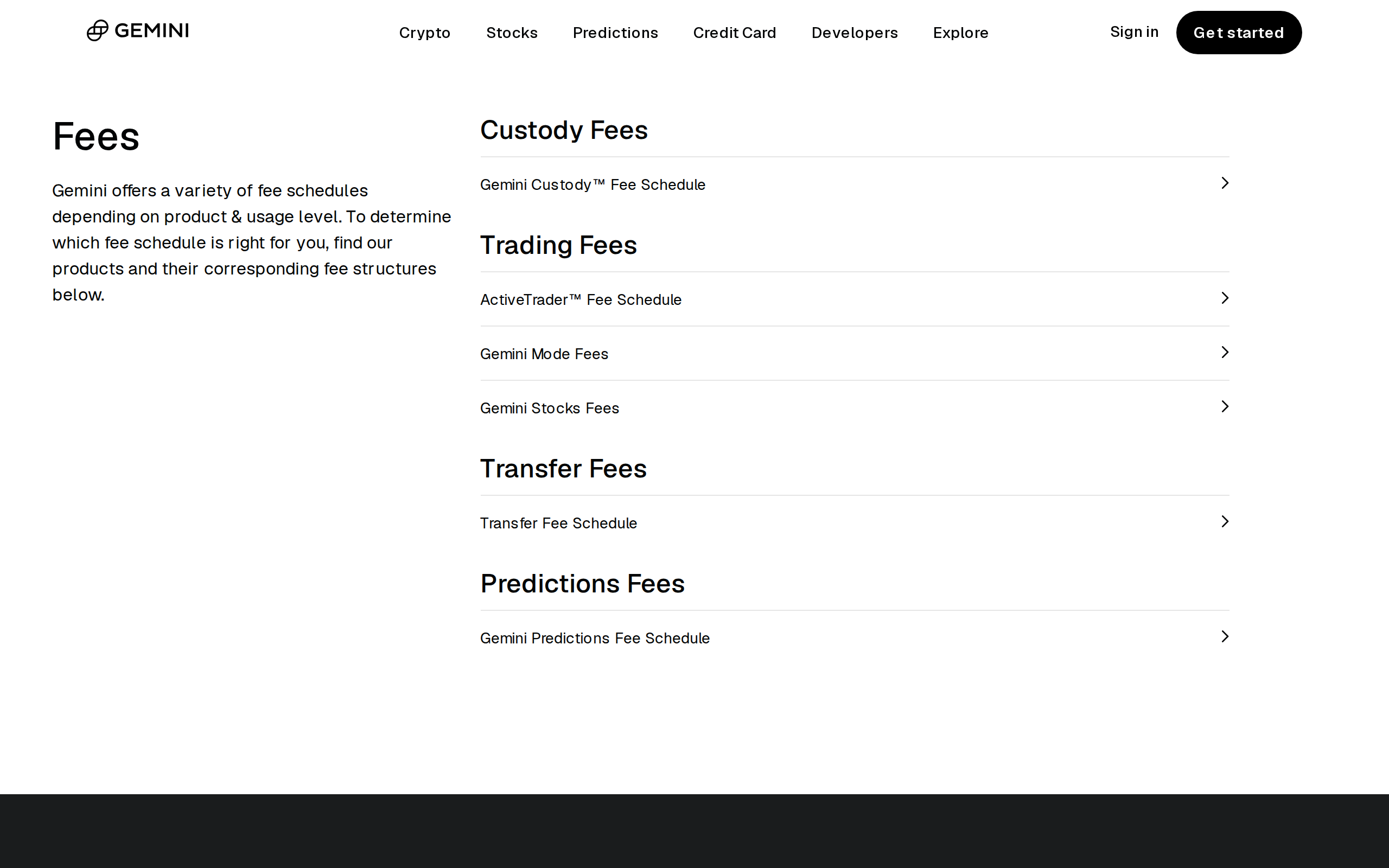 Gemini fee schedules page listing Custody and ActiveTrader fee structures