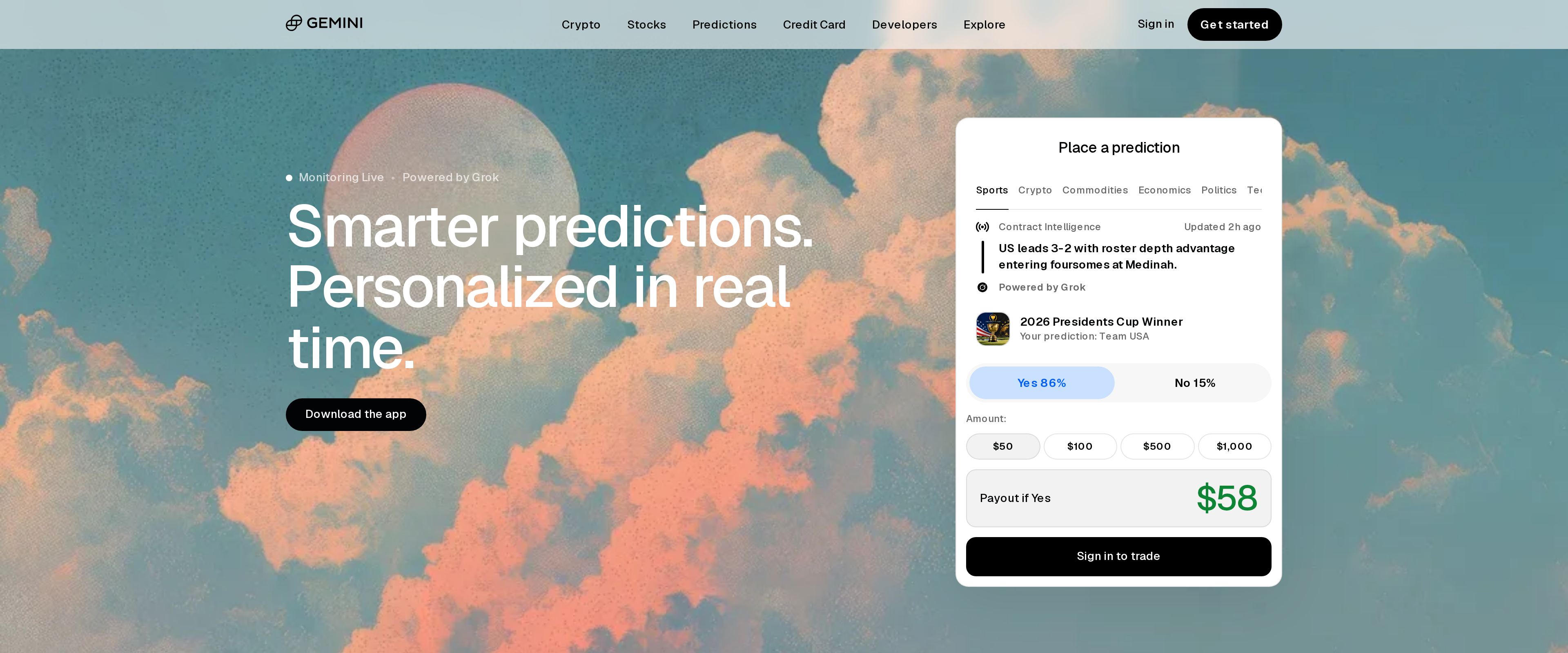 Gemini homepage promoting Trade Crypto, Predict Outcomes and Earn, all in one platform
