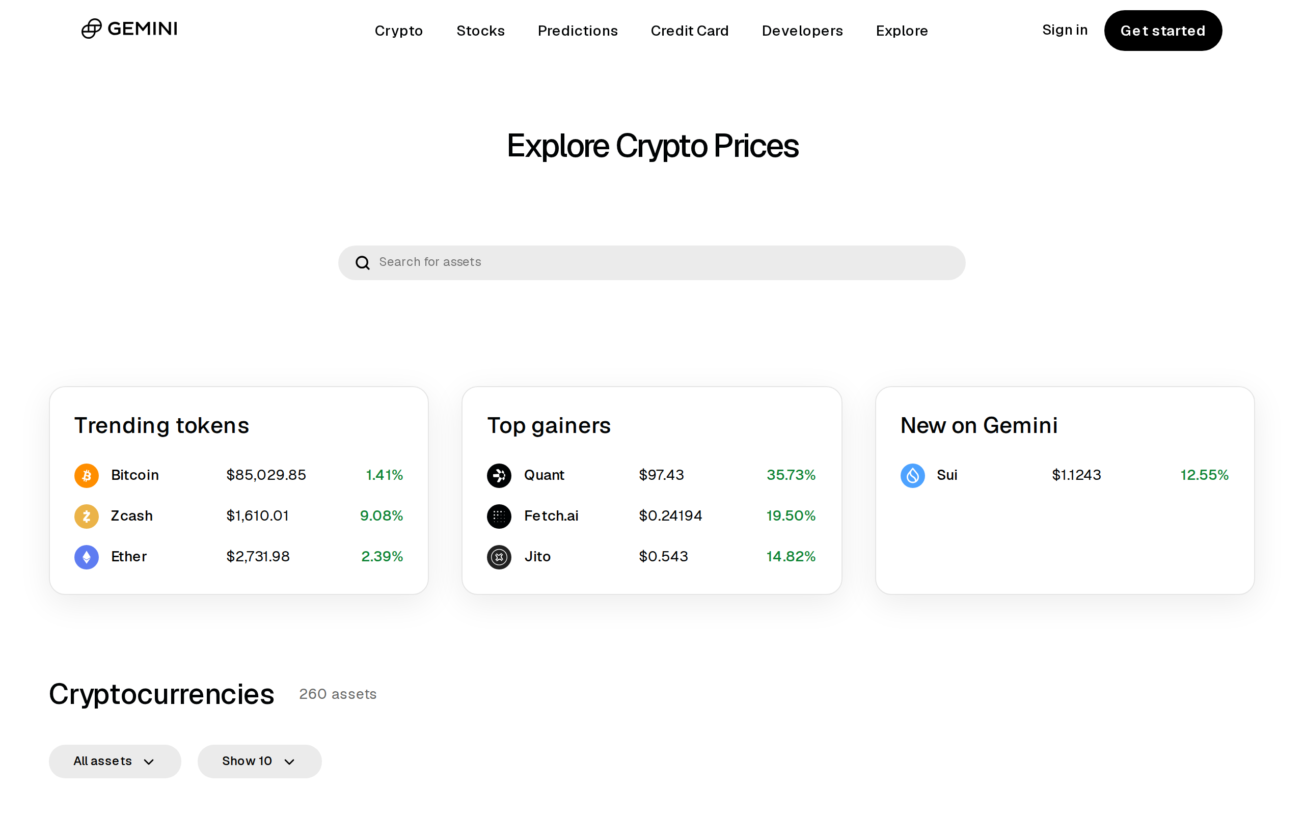 Gemini prices page listing live cryptocurrency prices