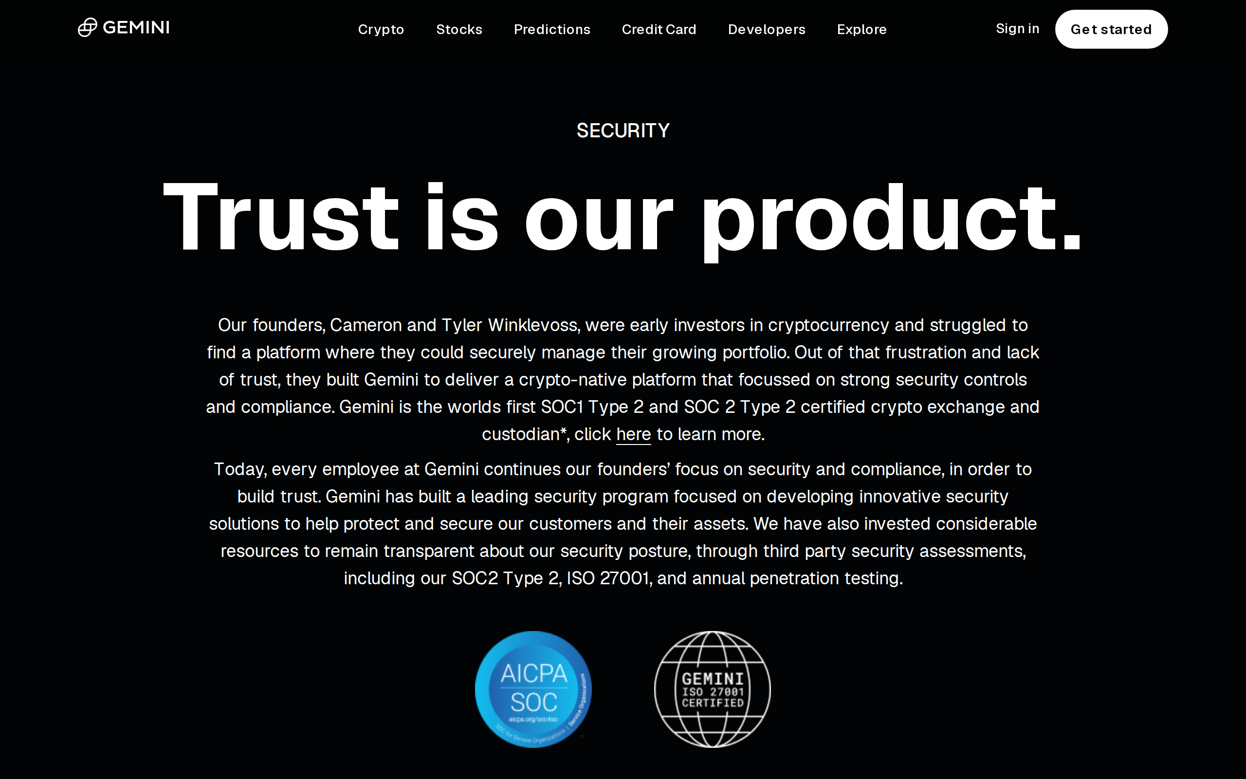 Gemini security page with the headline Trust is our product, describing its compliance history