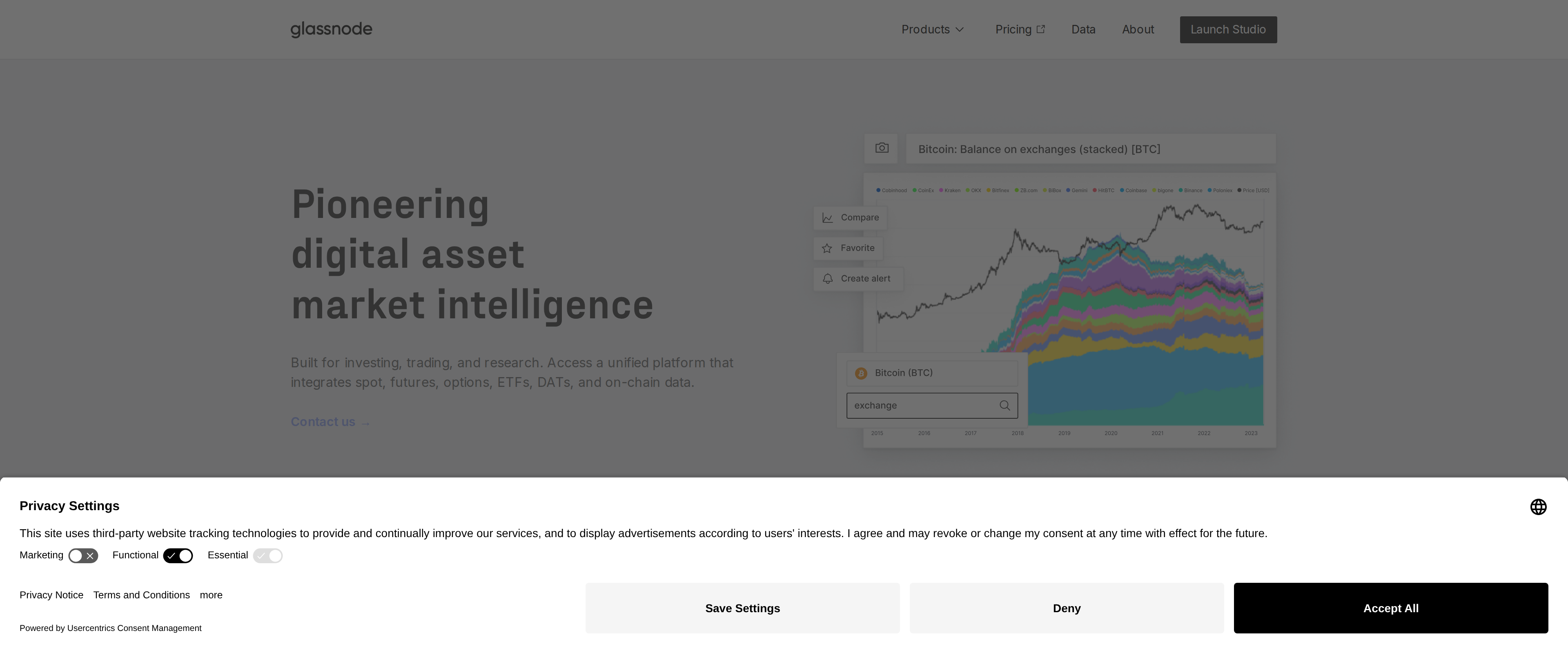 Glassnode homepage headline reading Pioneering digital asset market intelligence