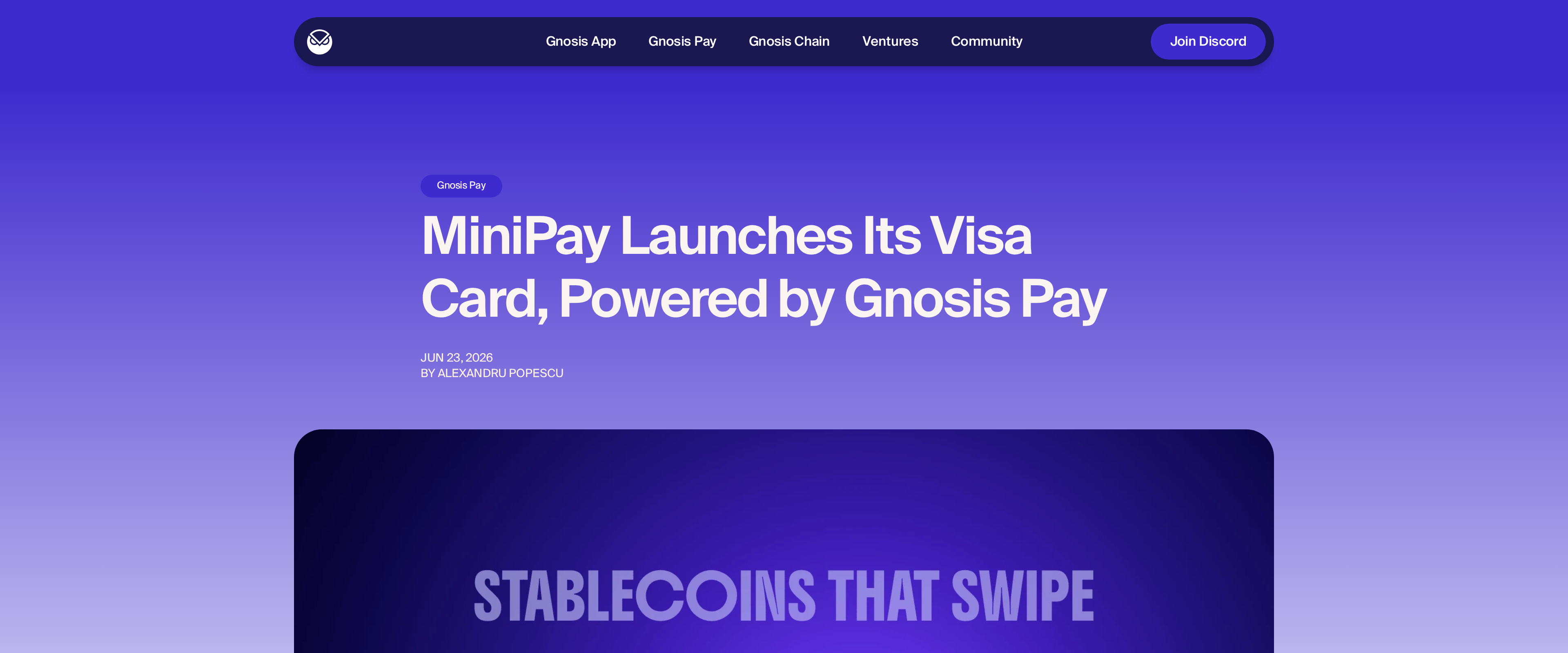 The Gnosis blog post announcing MiniPay's Visa card running on Gnosis Pay's infrastructure