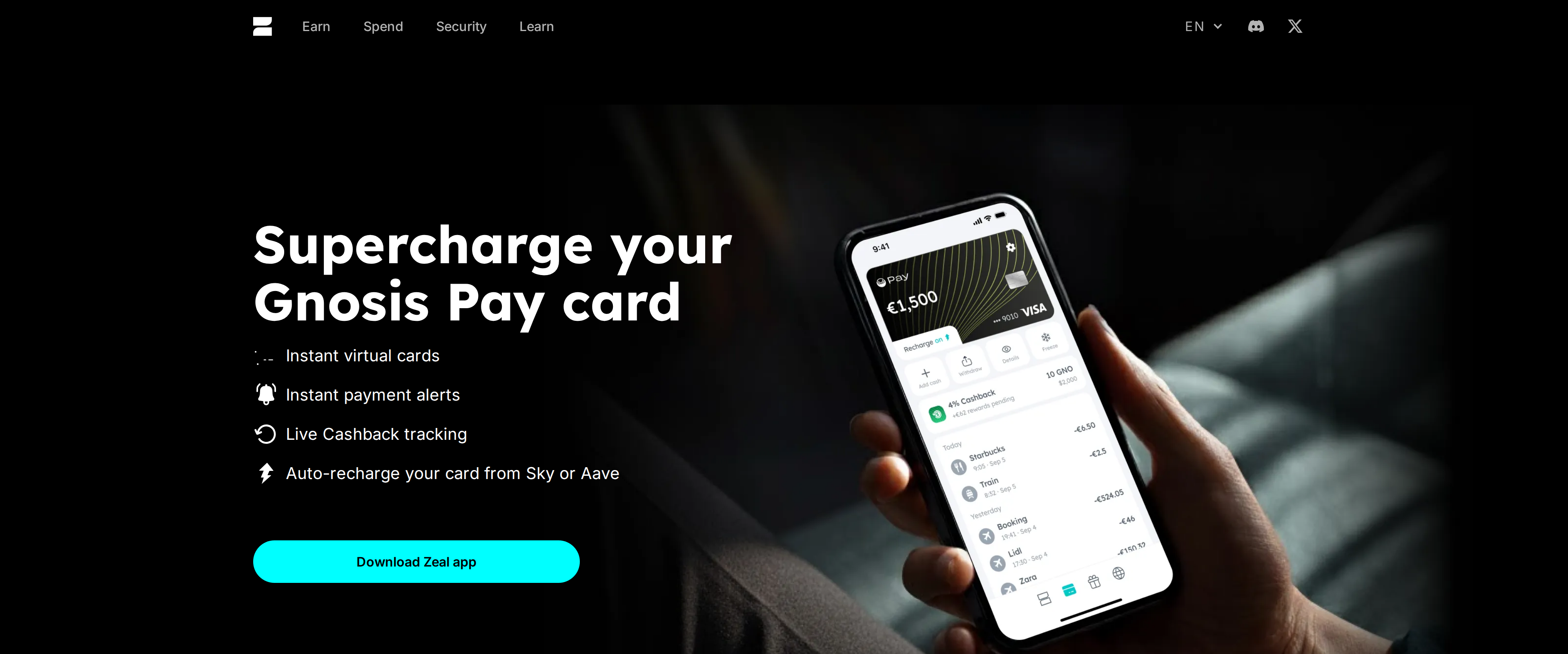 Zeal's partner page showing a Gnosis Pay card and its cashback earnings inside the Zeal app