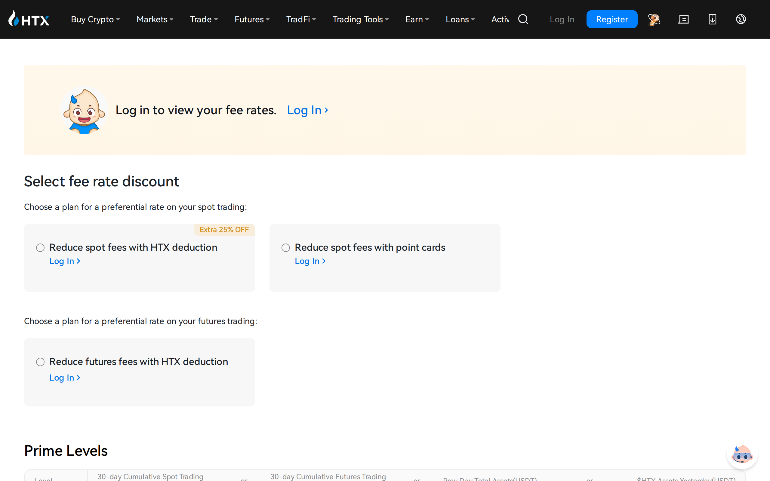 HTX fee settings page listing spot and futures trading fee tiers