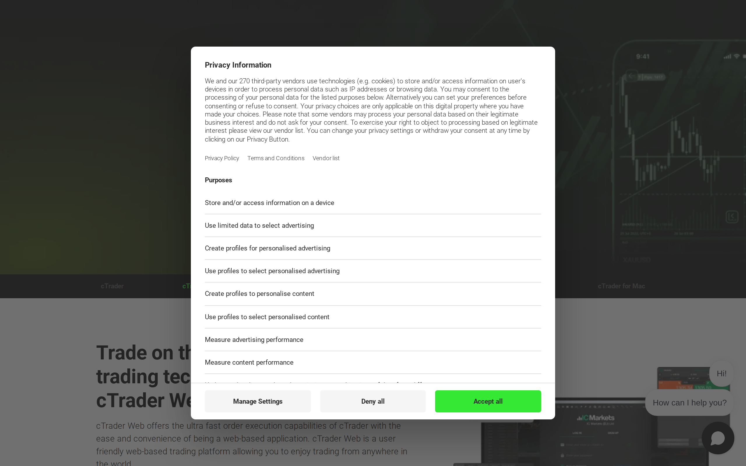 IC Markets cTrader Web platform page describing ultra fast order execution and a web based interface