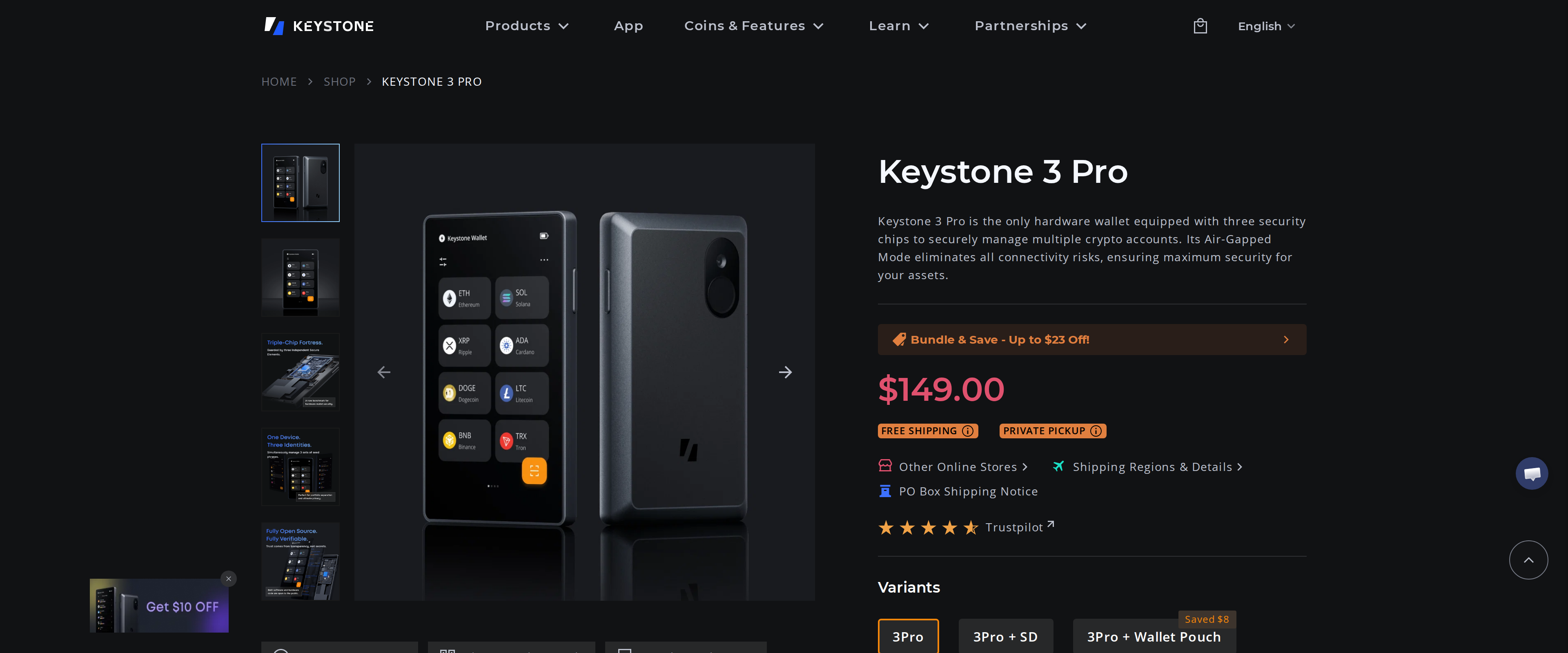 Keystone 3 Pro product page stating it is the only hardware wallet equipped with three security chips