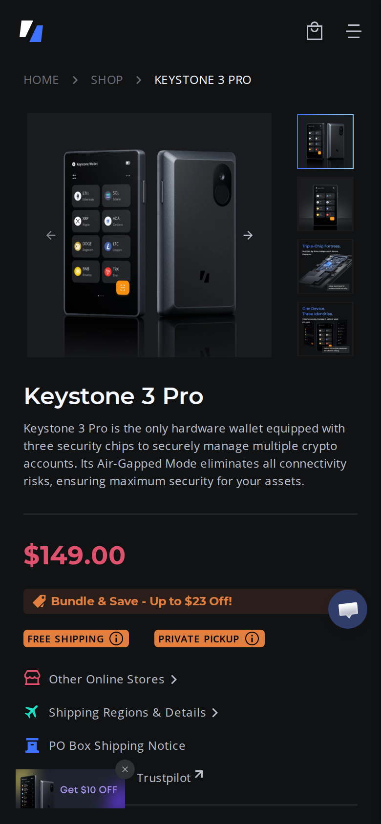Keystone 3 Pro product page viewed on a phone screen, showing the same three-chip claim and price