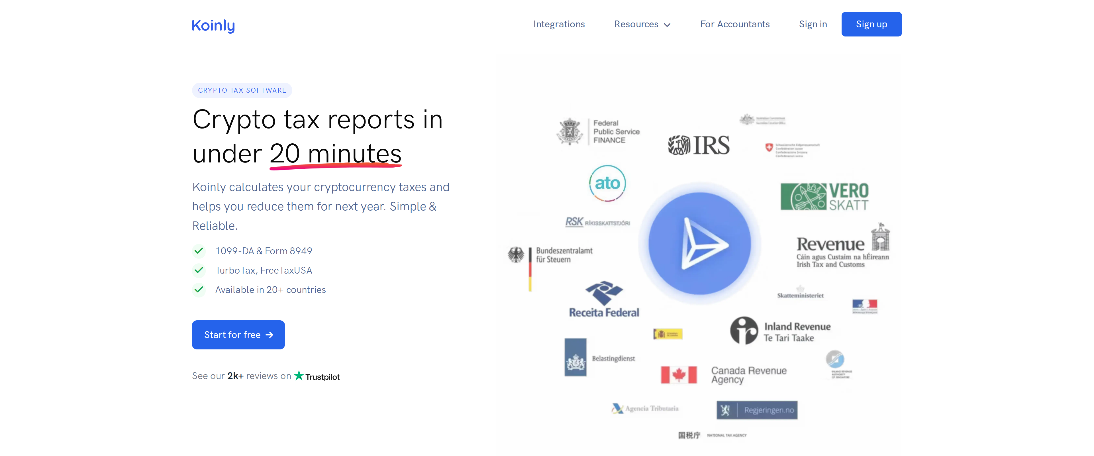 Koinly homepage headline promising crypto tax reports in under 20 minutes
