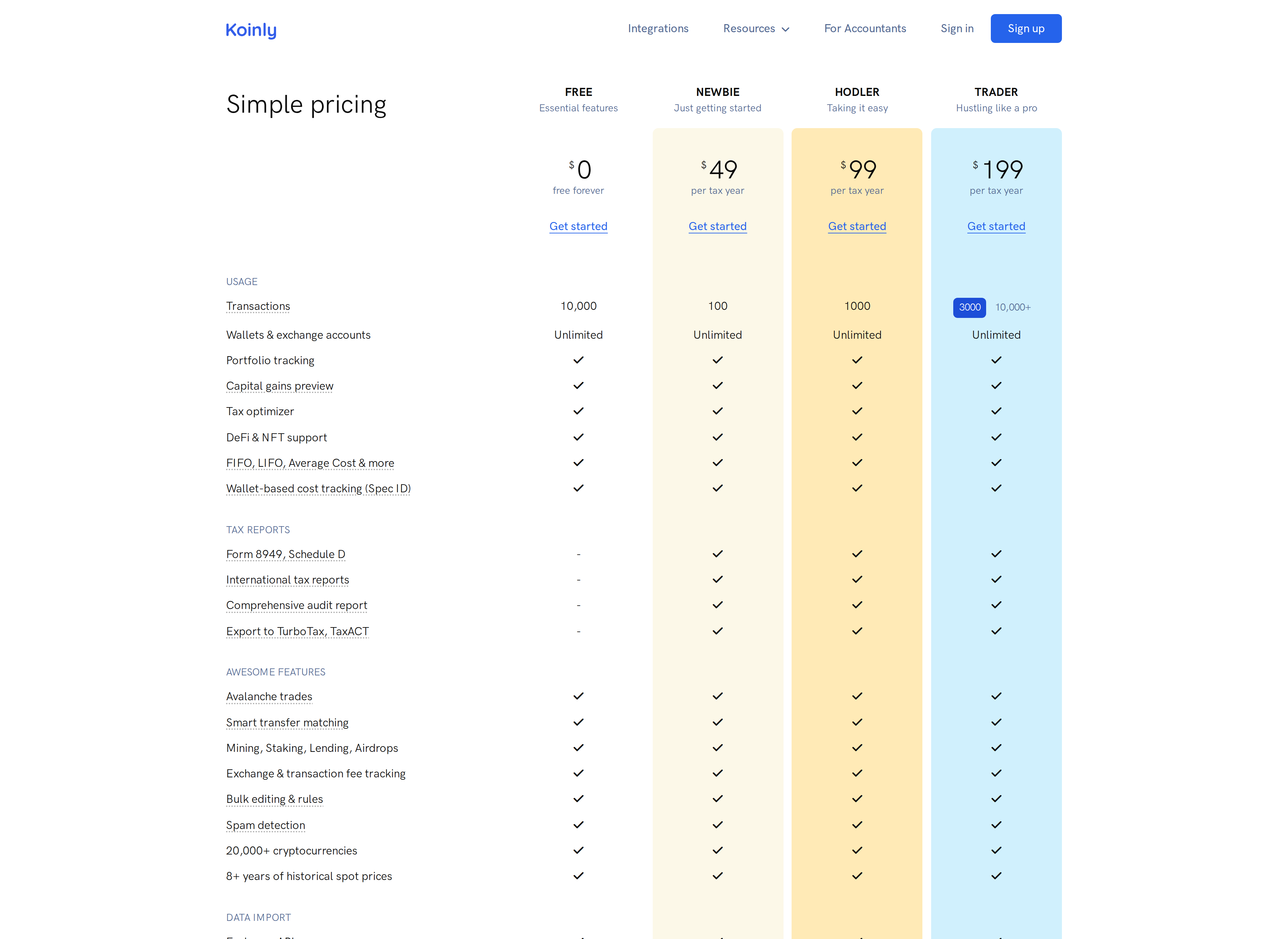 Koinly pricing page showing the Simple pricing heading above its plan cards