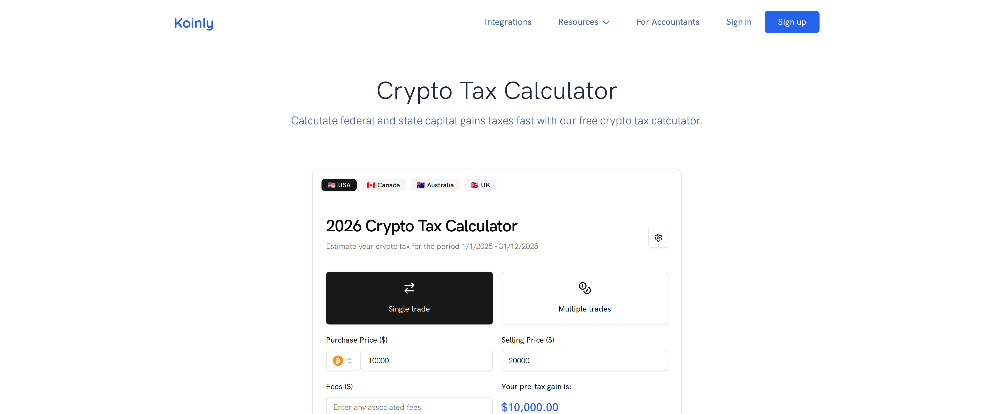 Koinly's free tax calculator tool estimating capital gains for a chosen tax period