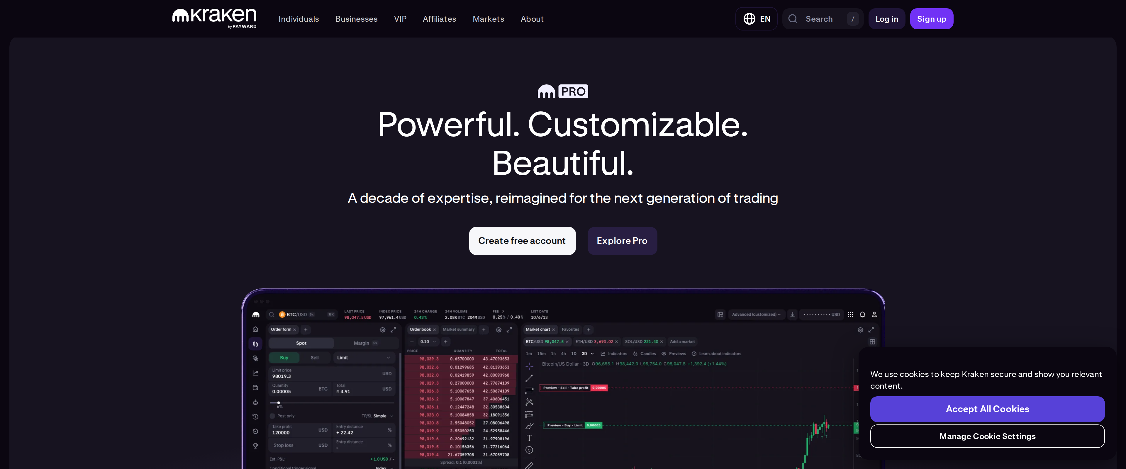 The Kraken Pro trading interface shown on its product page