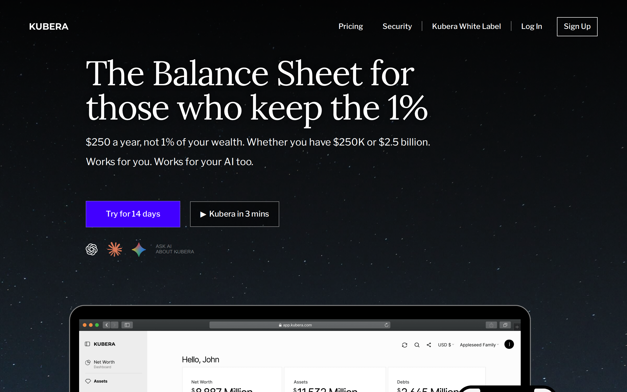 Kubera homepage headline reading The Balance Sheet for those who keep the 1 percent