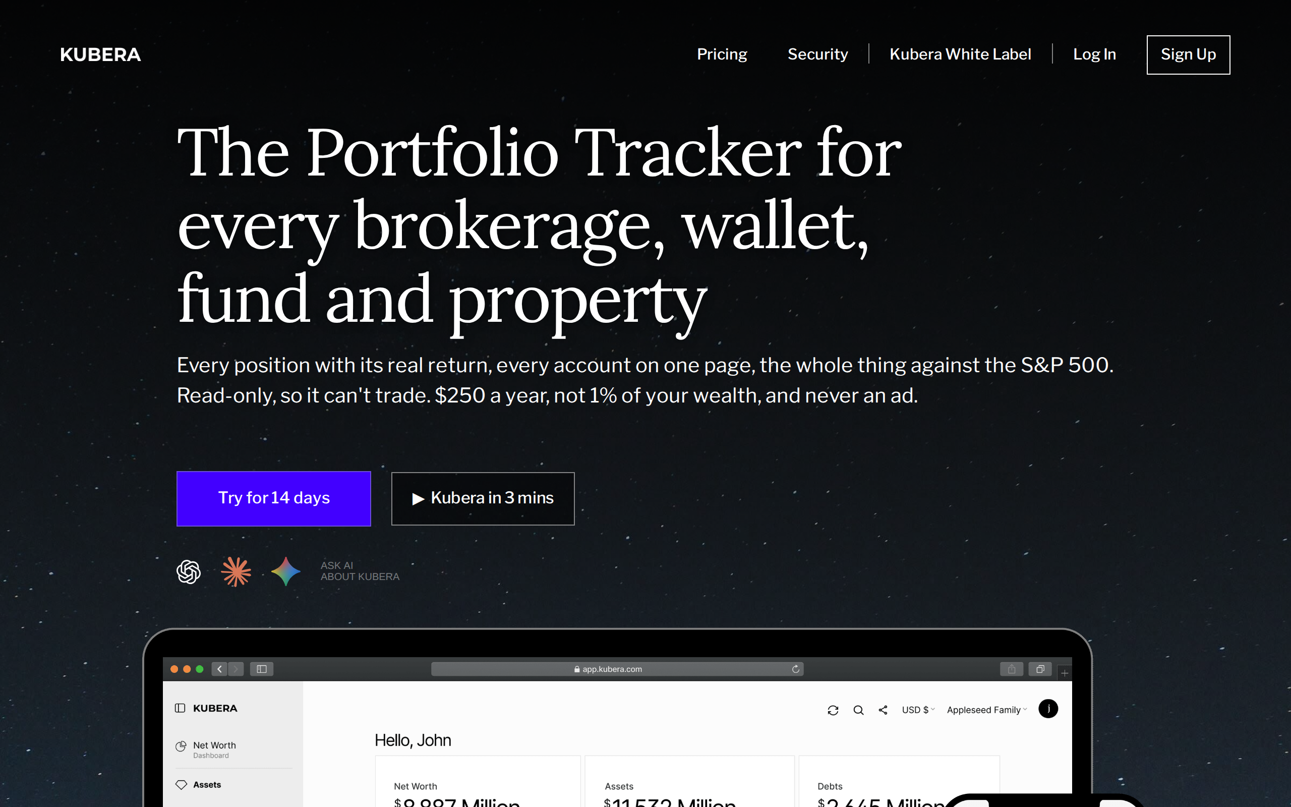 Kubera's portfolio tracker page headline covering brokerage, wallet, fund and property tracking