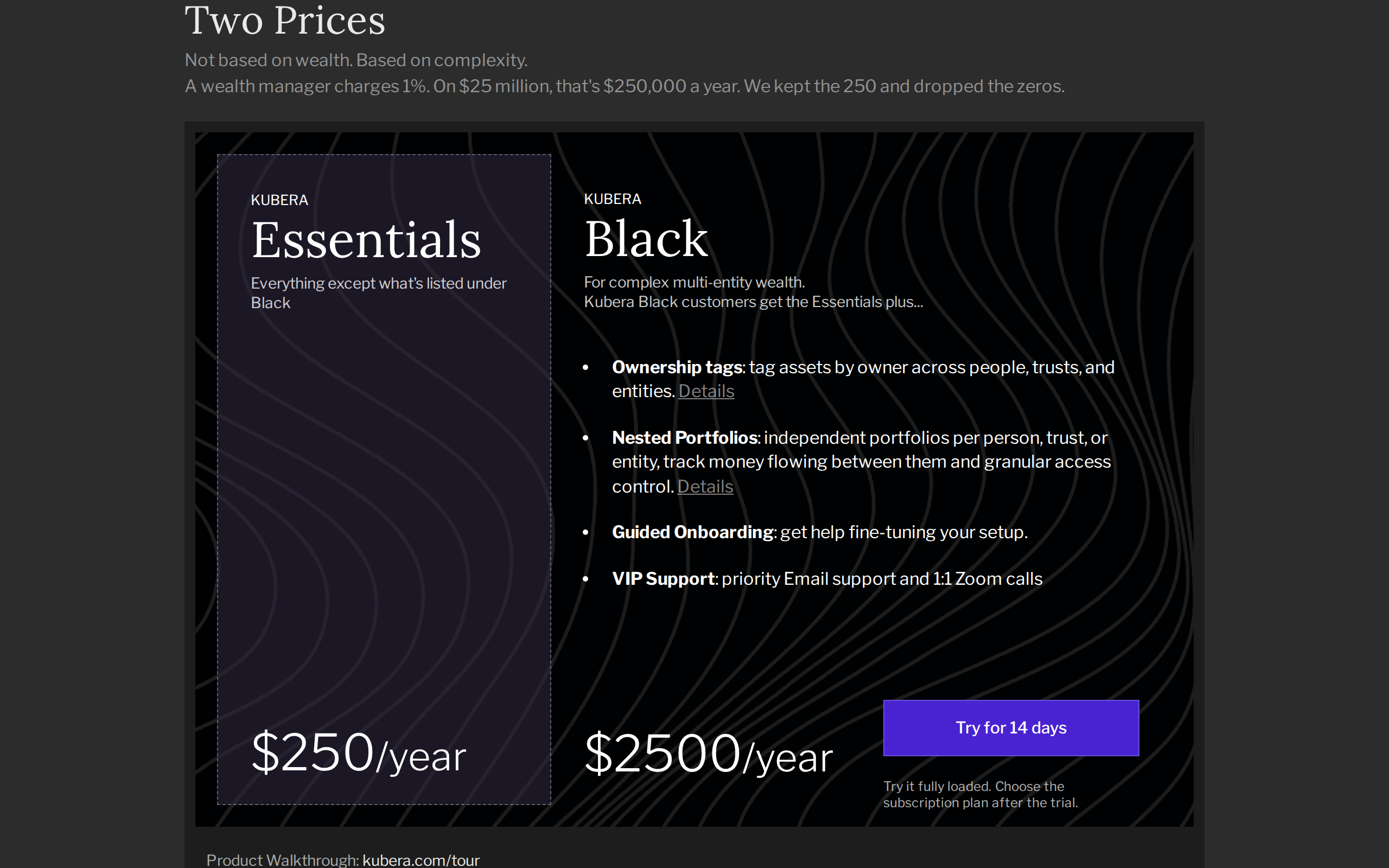 Kubera's pricing section listing ownership tags, nested portfolios and guided onboarding