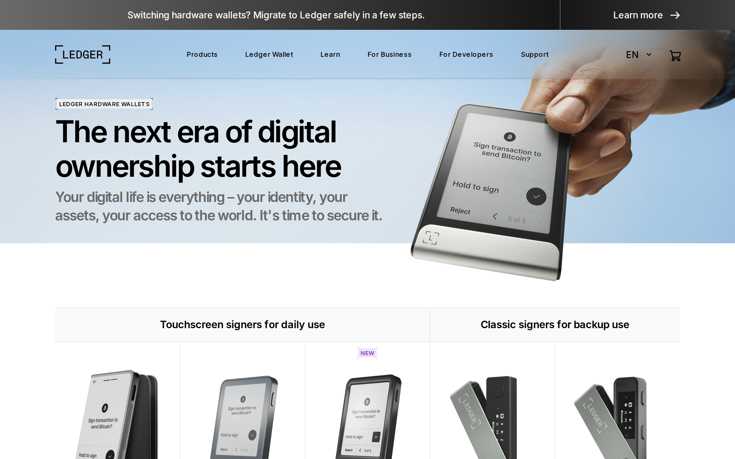 Ledger's hardware wallet comparison page showing its current device lineup