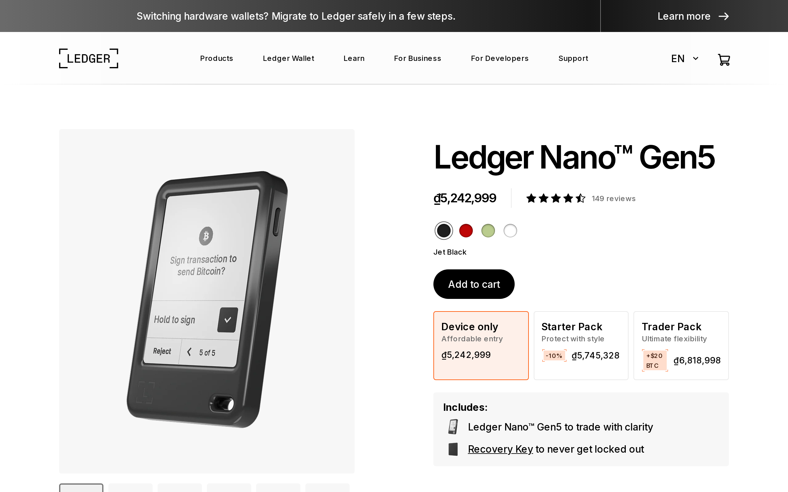Ledger Nano Gen5 product page describing it as designed to trade with clarity