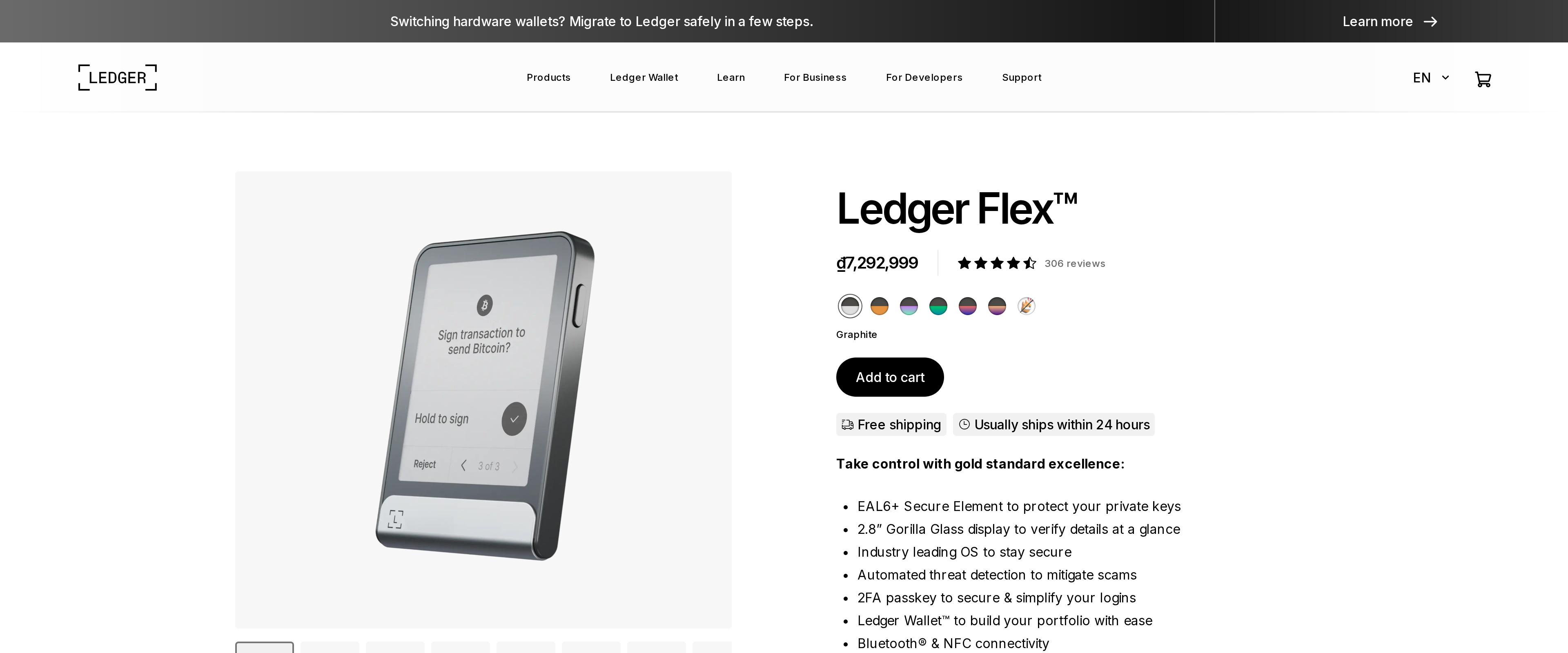 Ledger Flex product page headline reading Ledger Flex, with EAL6+ Secure Element to protect your private keys
