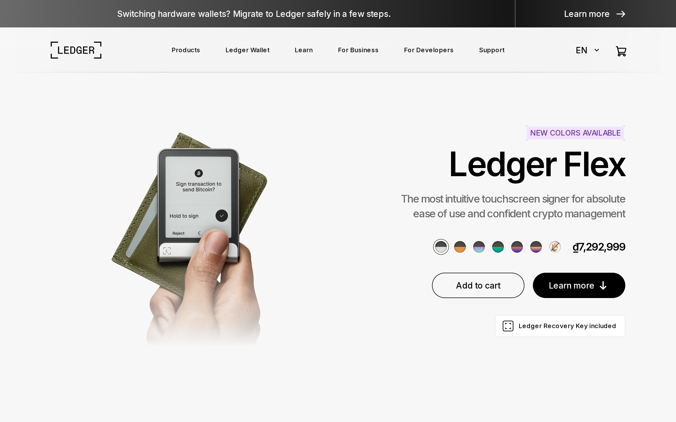 Ledger Flex marketing page describing it as the most intuitive touchscreen signer