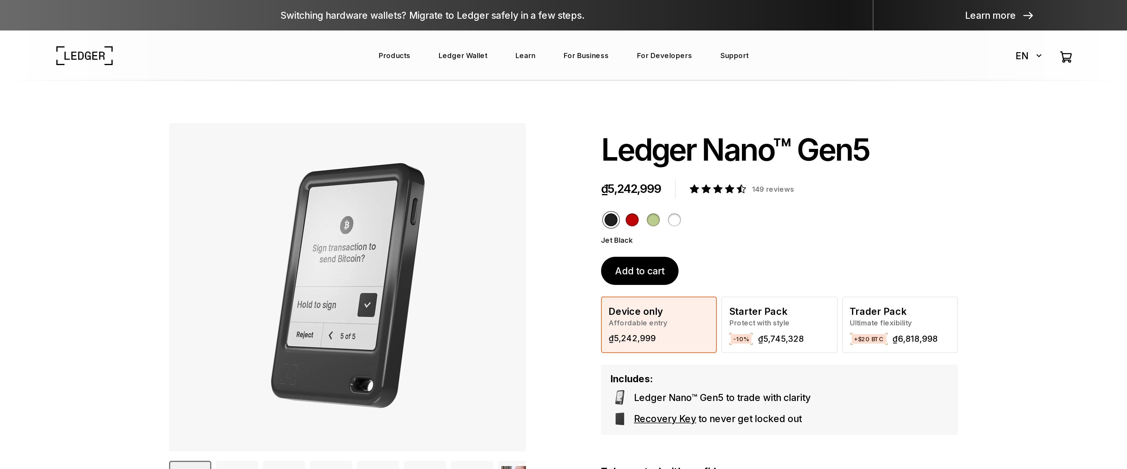 Ledger Nano Gen5 product page showing the device with its E Ink touchscreen and Recovery Key