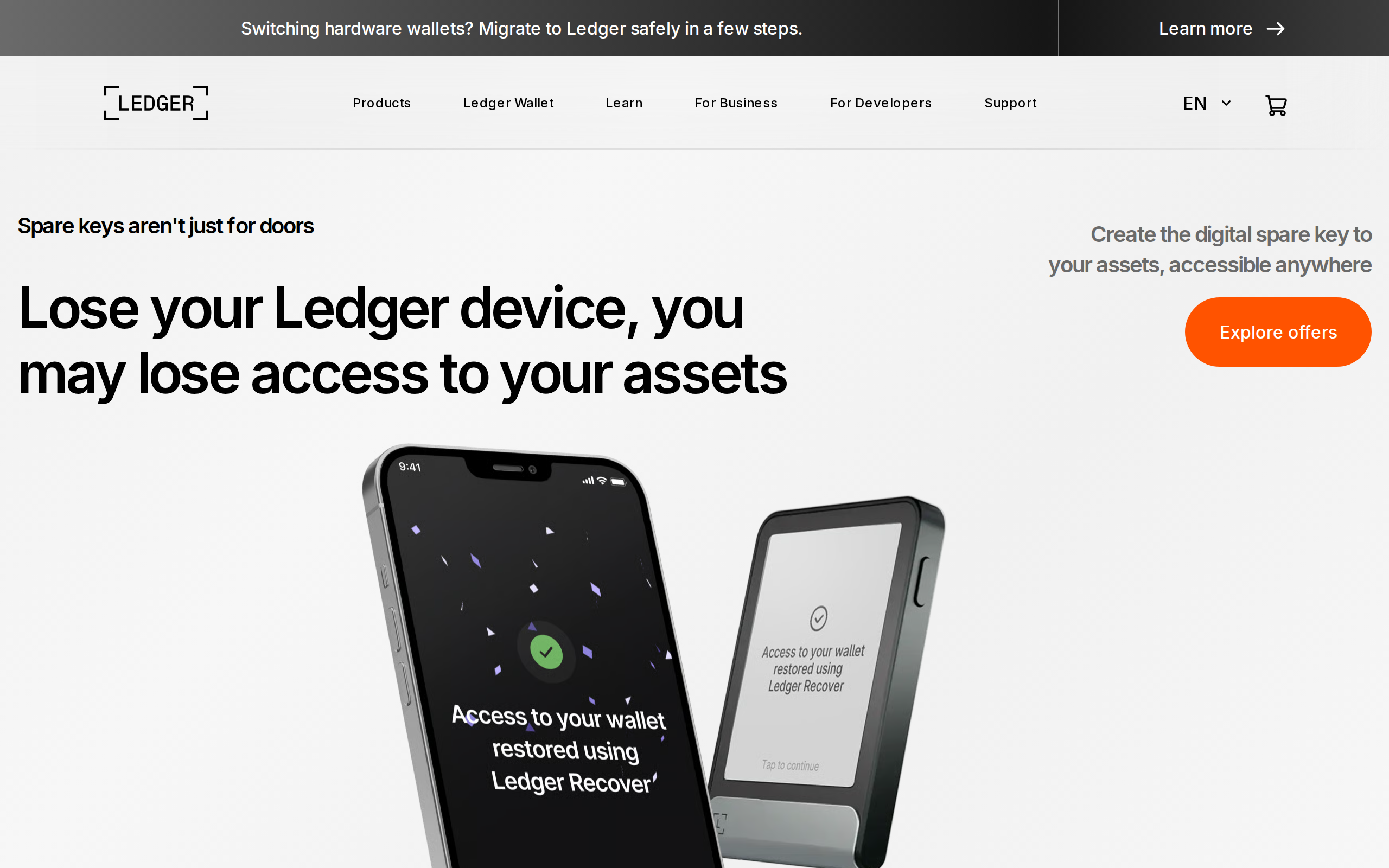 Ledger Recover marketing page describing the seed phrase backup and key-shard recovery service