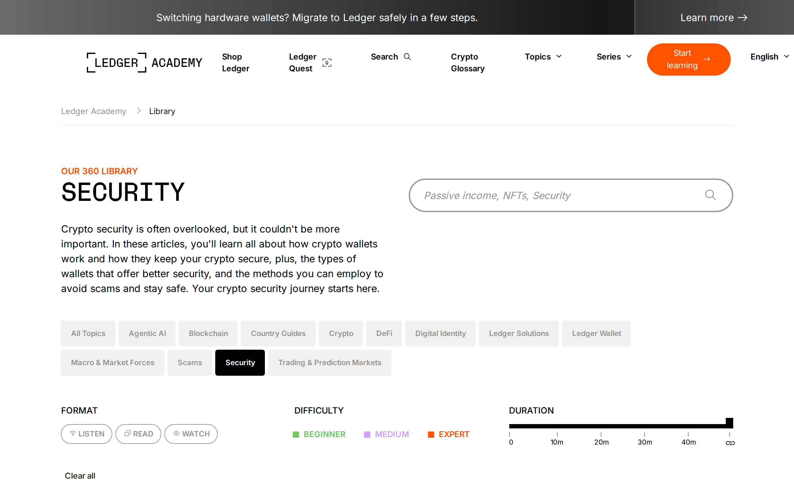 Ledger security library page listing guides on migrating devices and avoiding scams