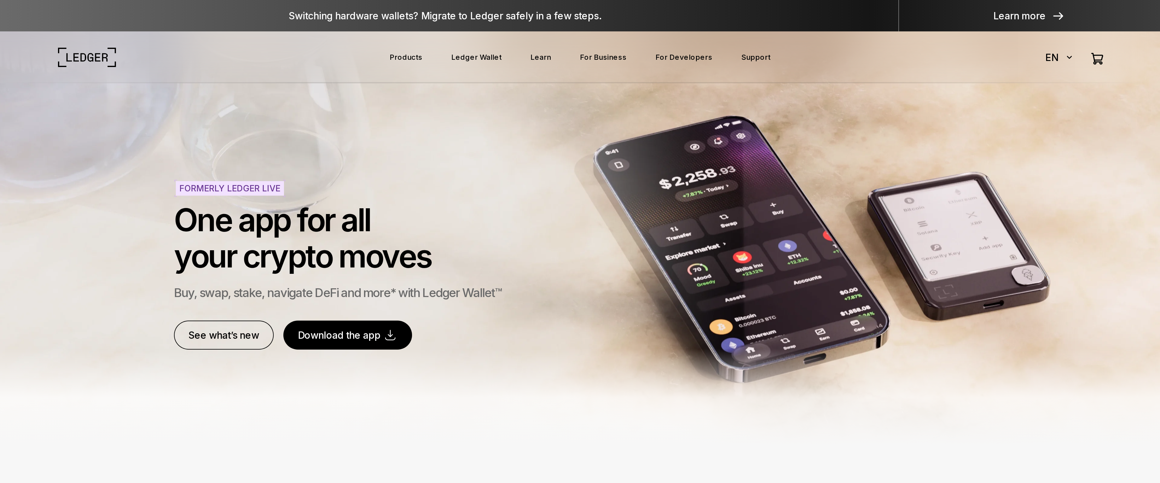 Ledger Wallet app page reading One app for all your crypto moves, covering buy, swap, stake and DeFi access