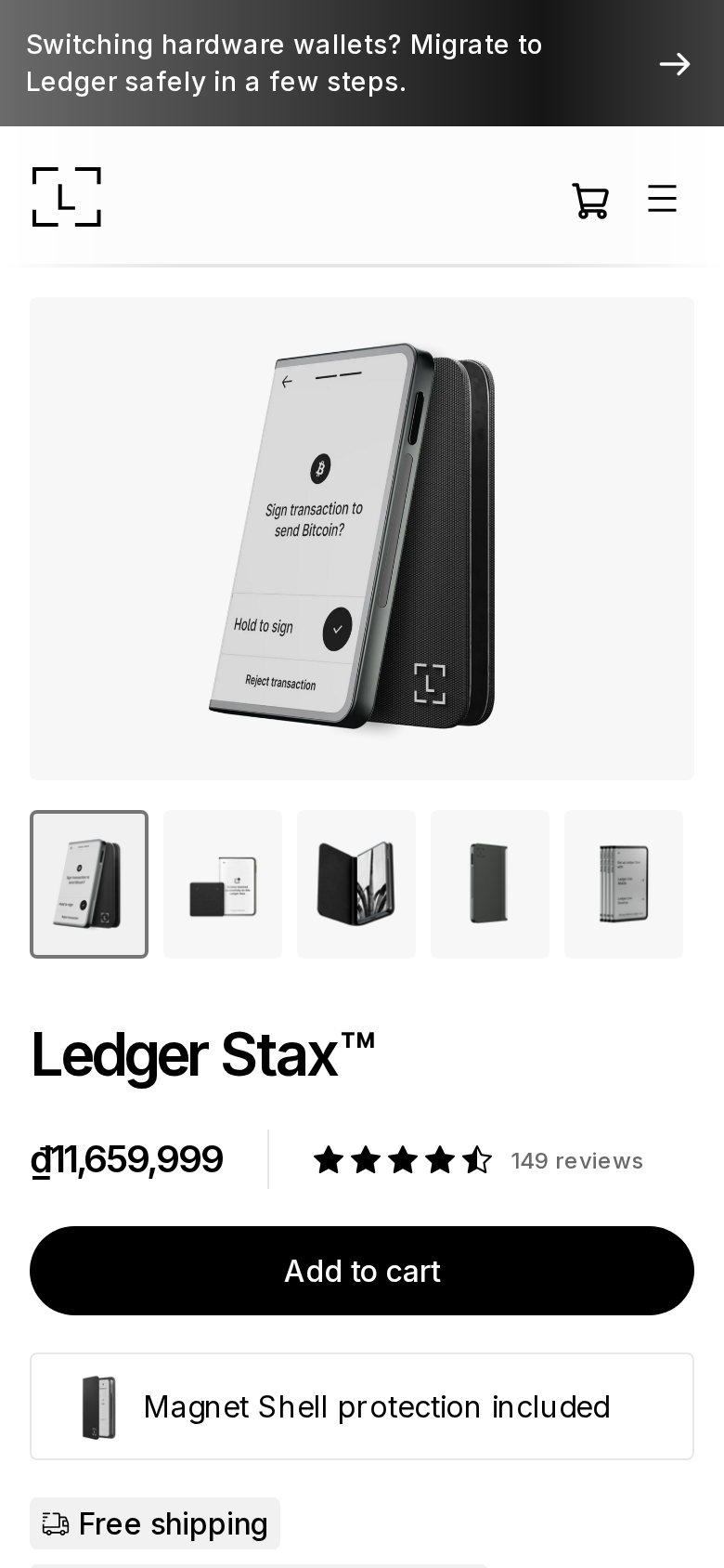 Ledger Stax product page viewed on a phone screen, showing the same headline and device imagery