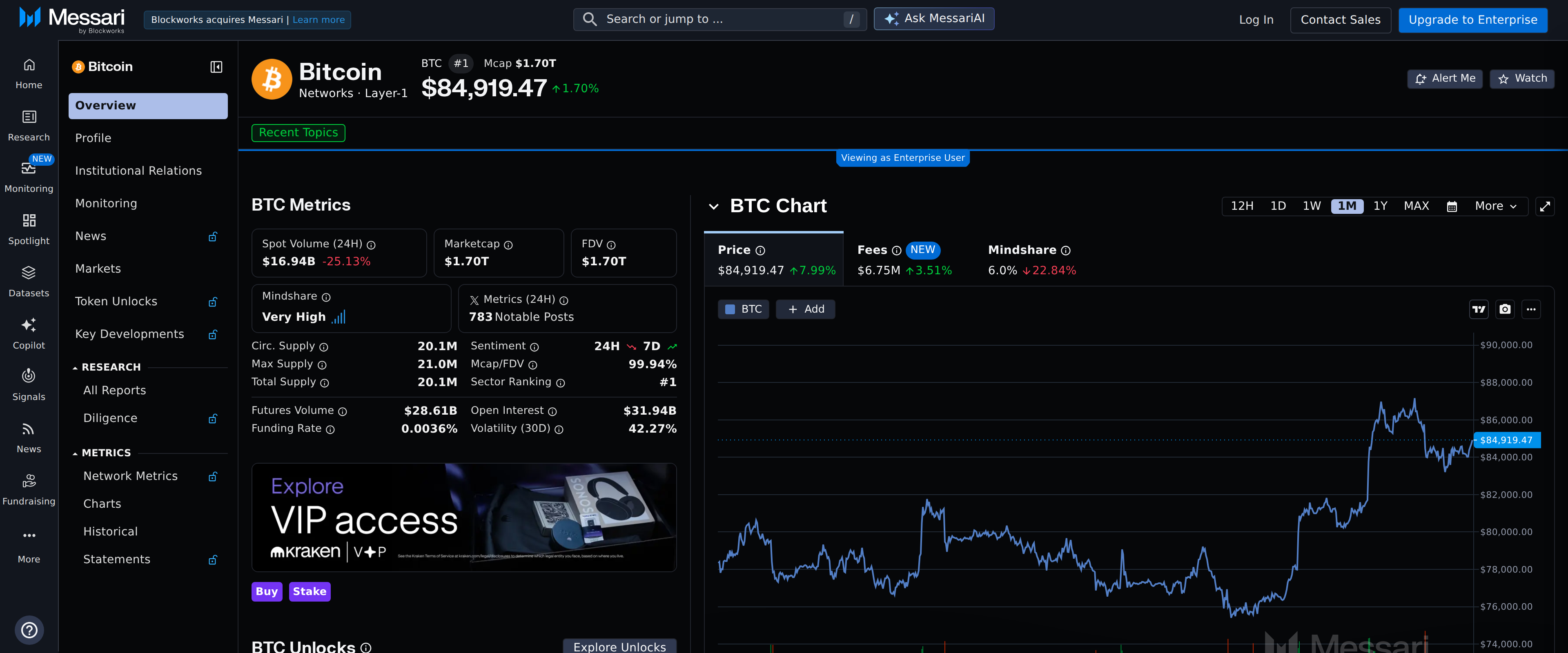Messari Bitcoin asset profile page showing BTC Metrics and BTC Unlocks sections with a price chart