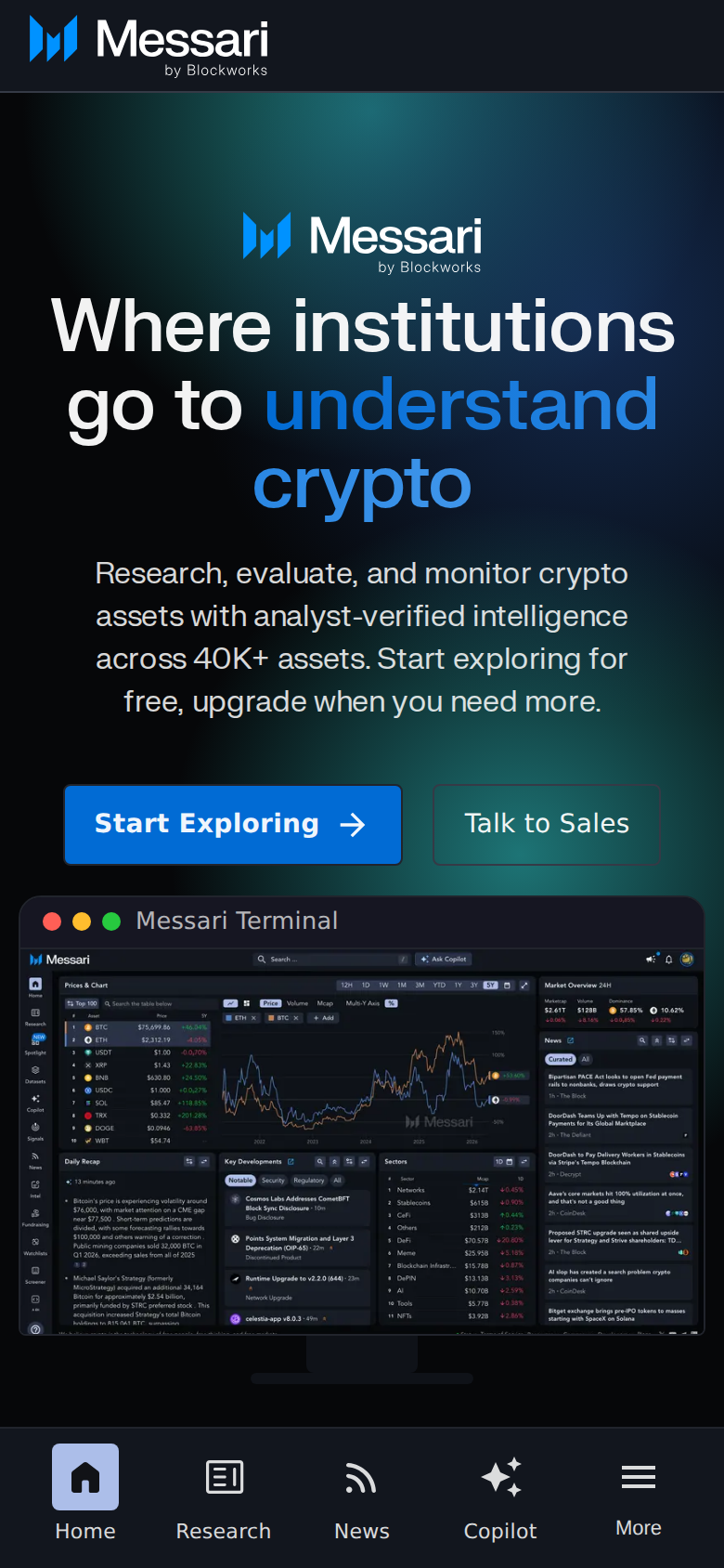 Messari homepage on a phone screen showing the headline Where institutions go to understand crypto