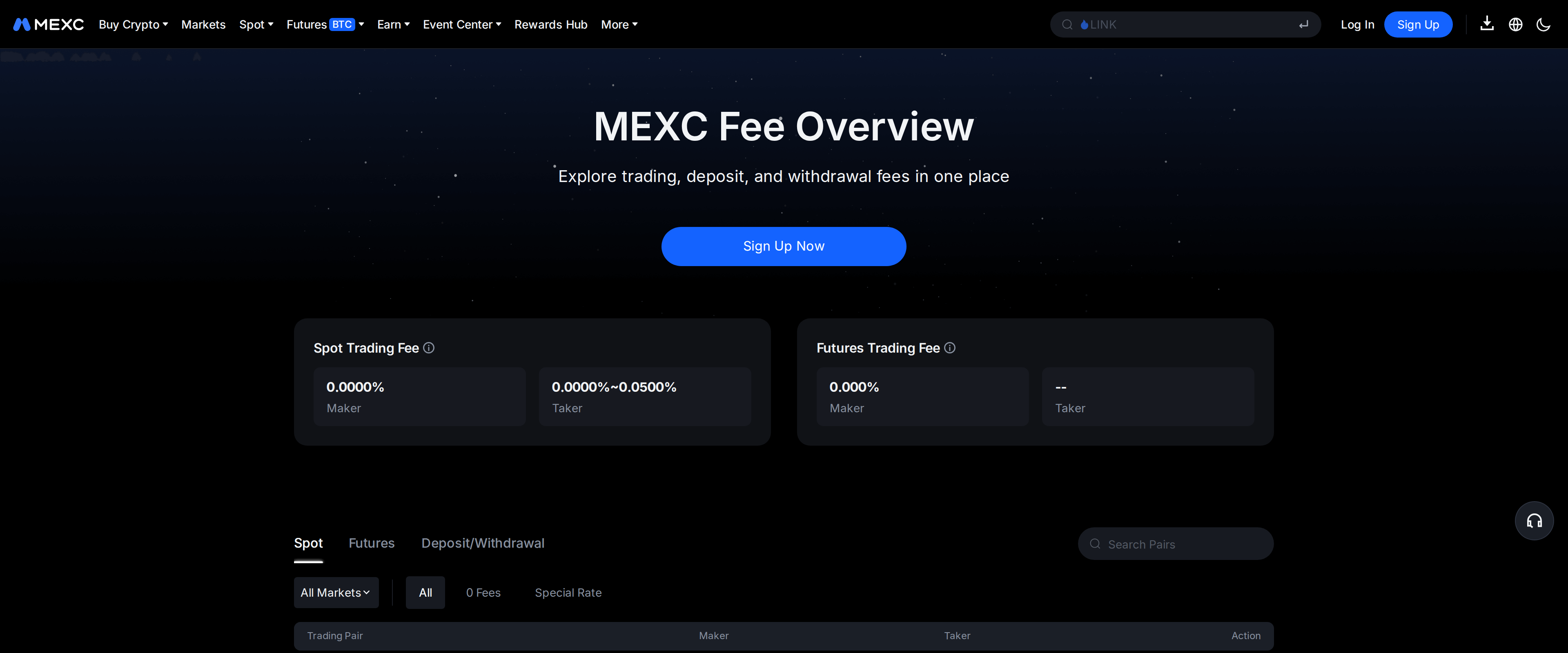 MEXC's fee overview page