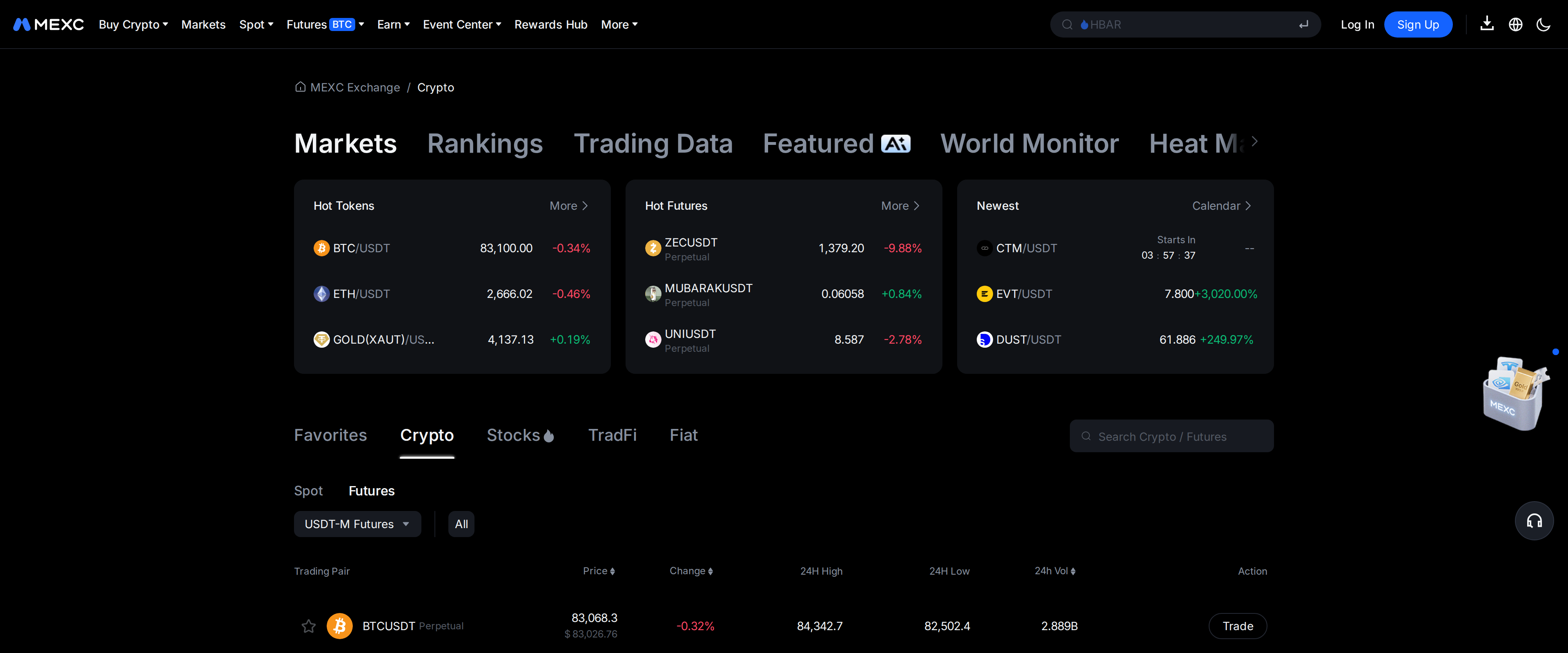 MEXC's live markets page showing Newest and Hot Tokens listings with BTC, ETH and gold-pegged pairs