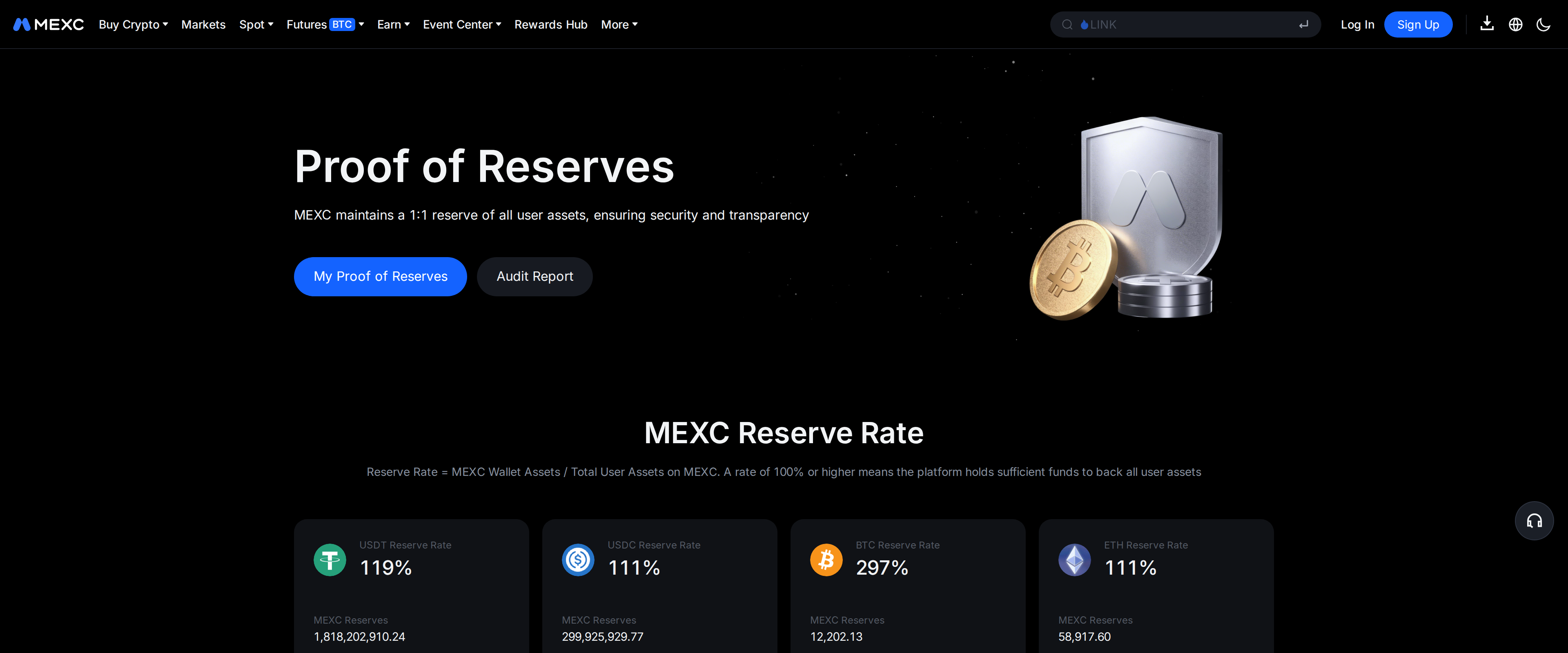 MEXC's Proof of Reserves page showing reserve-rate methodology and a wallet-assets diagram