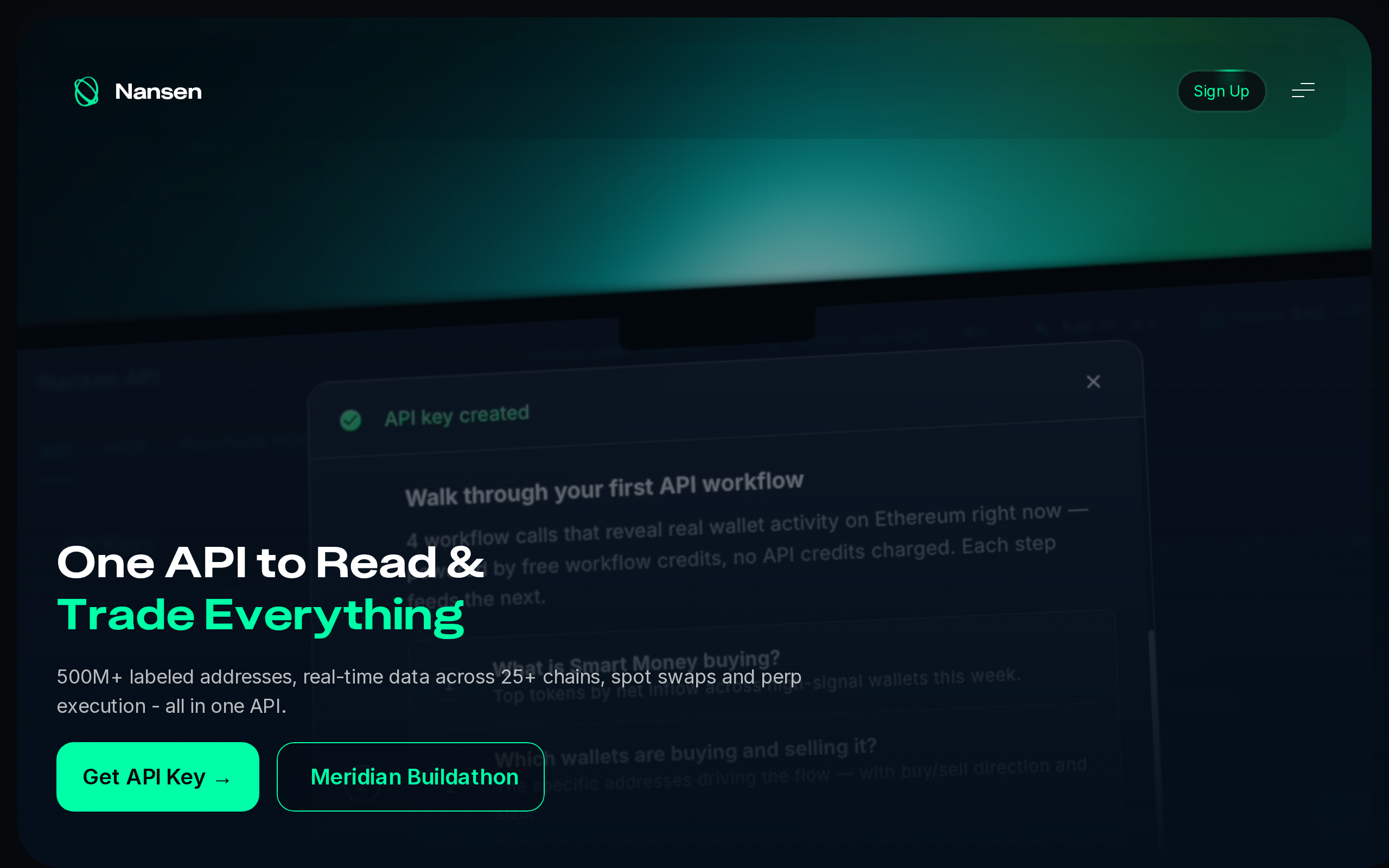 Nansen API marketing page headline reading One API to Read and Trade Everything, describing 500 million labeled addresses across 25 or more chains