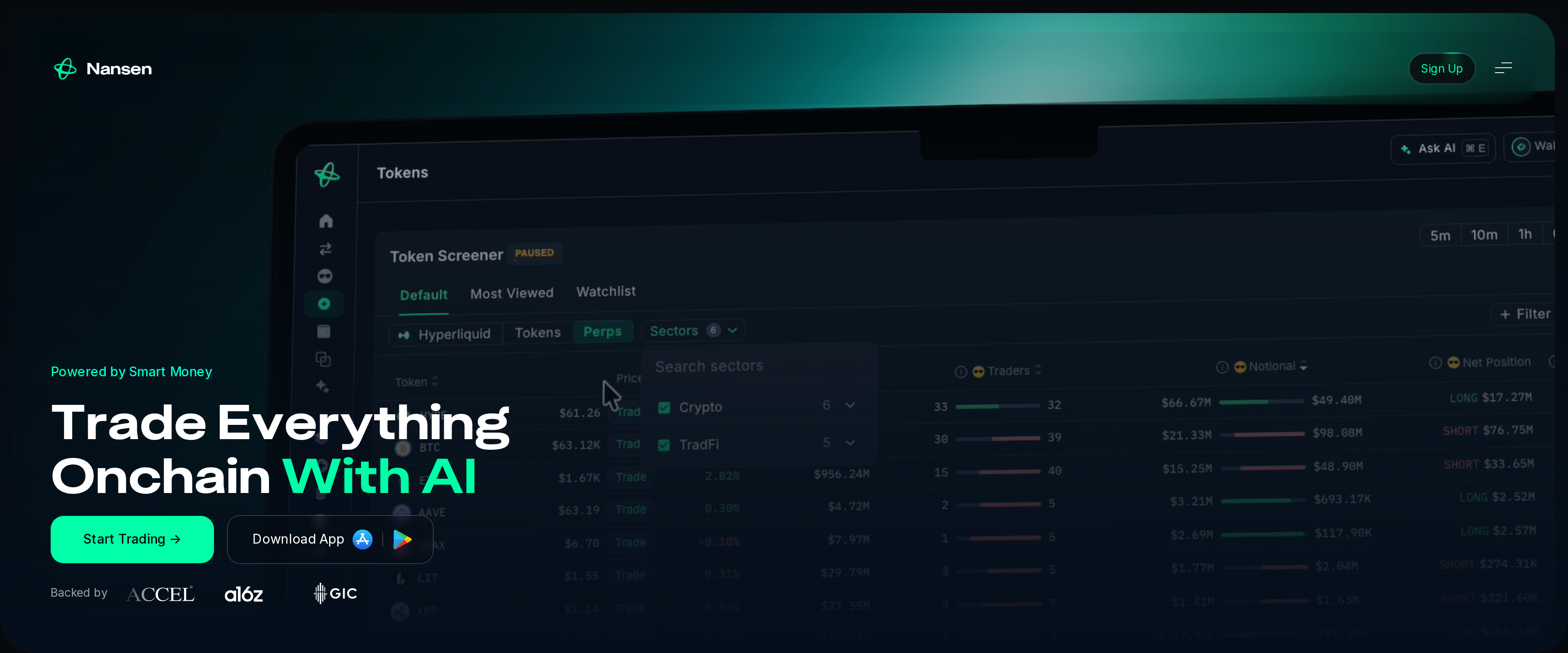 Nansen homepage headline reading Trade Everything Onchain With AI over a dark background with an embedded product video