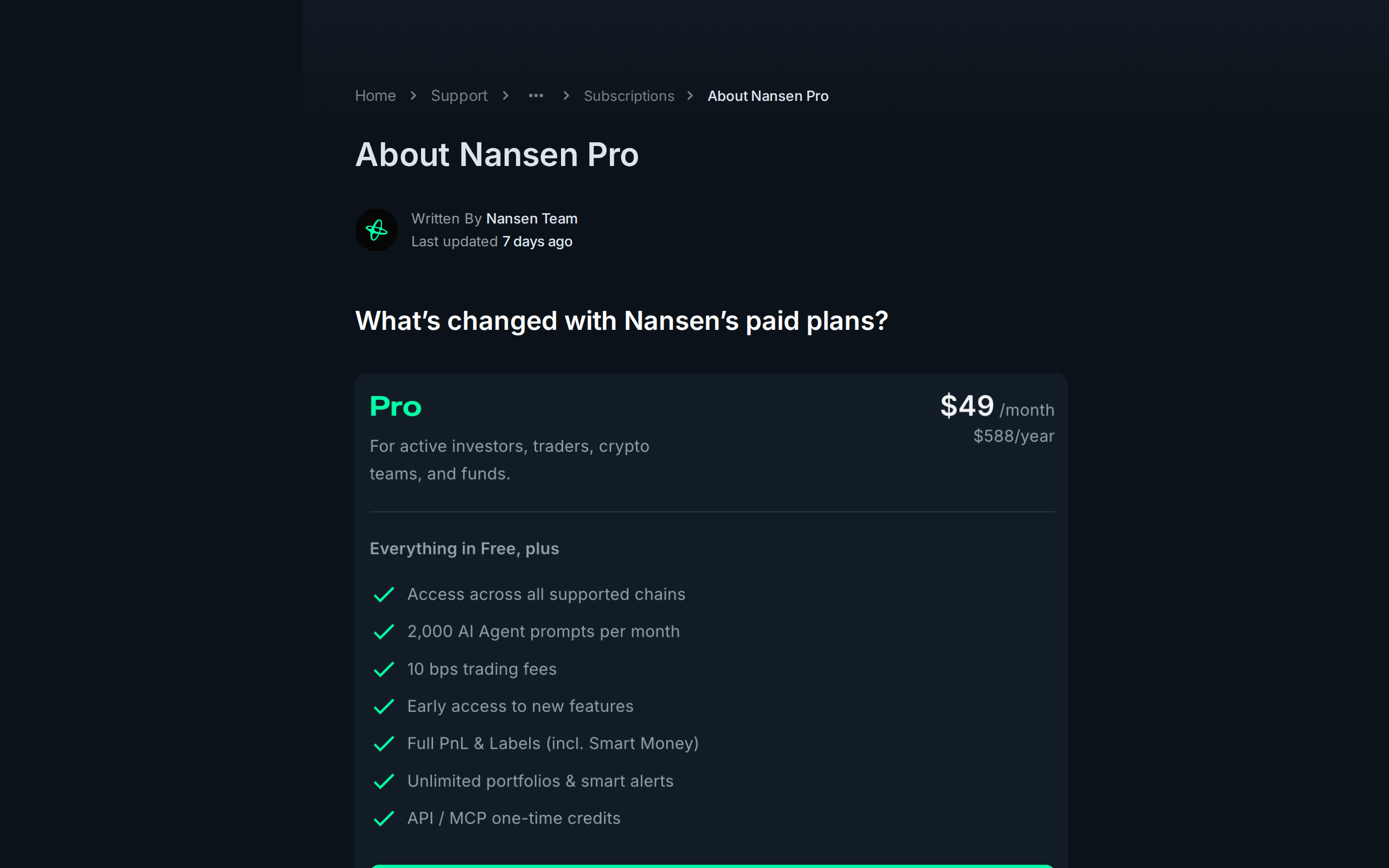 Nansen help center article About Nansen Pro explaining what changed with the paid plans