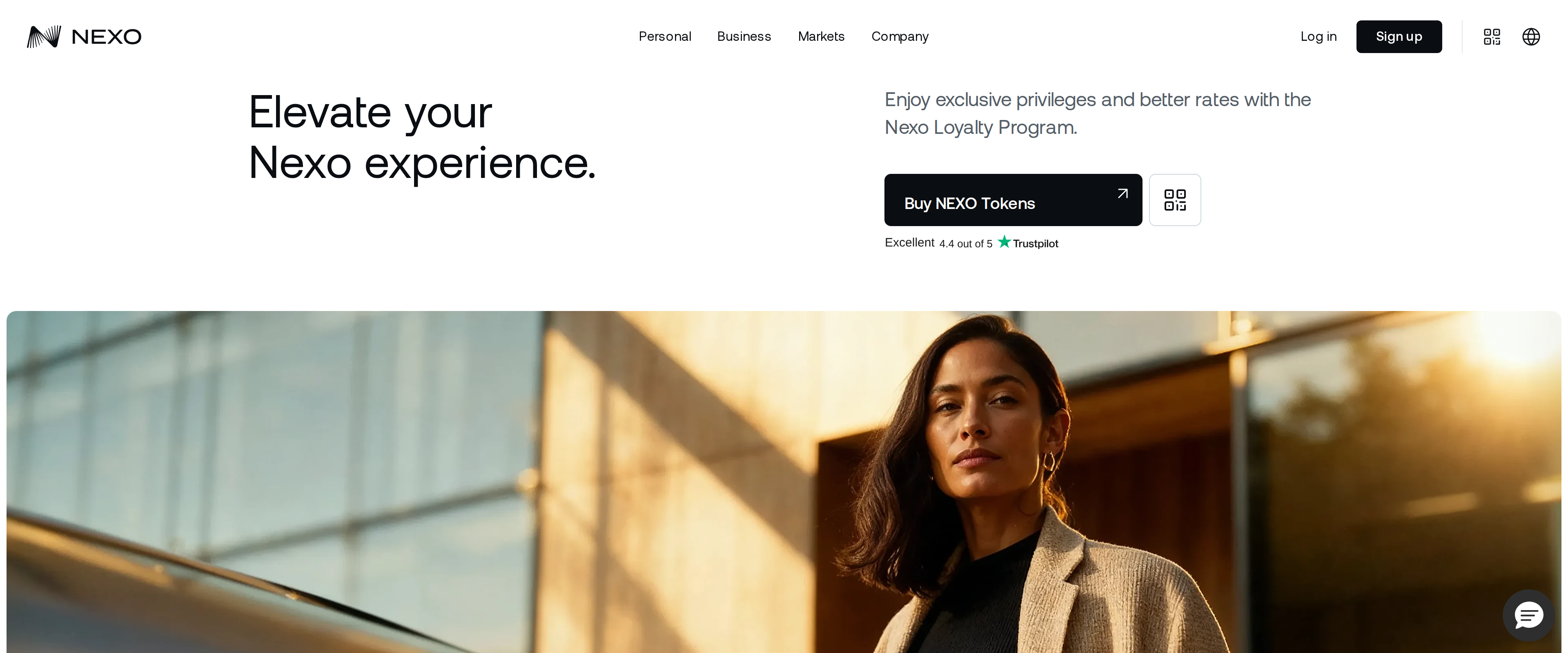 Nexo's Loyalty program page headlined Elevate your Nexo experience