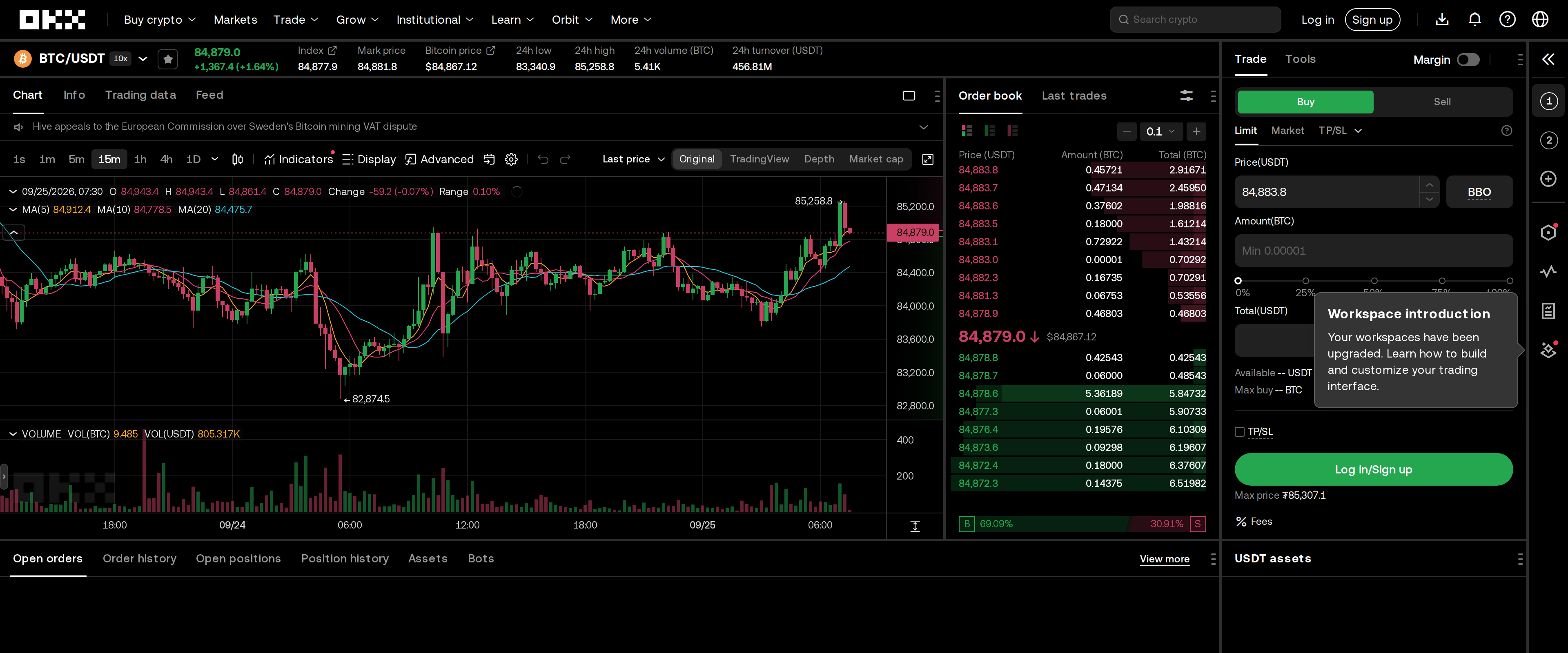 OKX's live BTC/USDT spot trading interface with price chart and order book