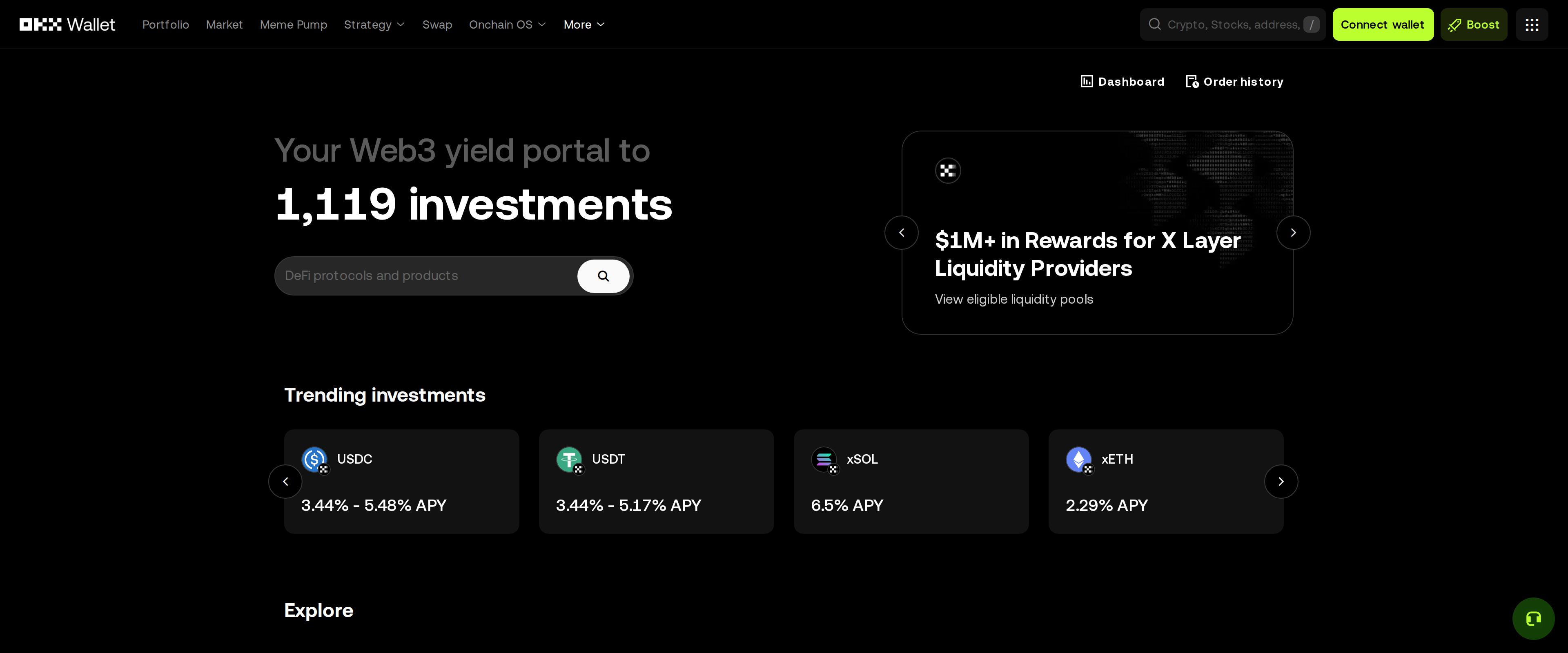 OKX Wallet's yield portal for DeFi aggregation, liquidity pools and staking