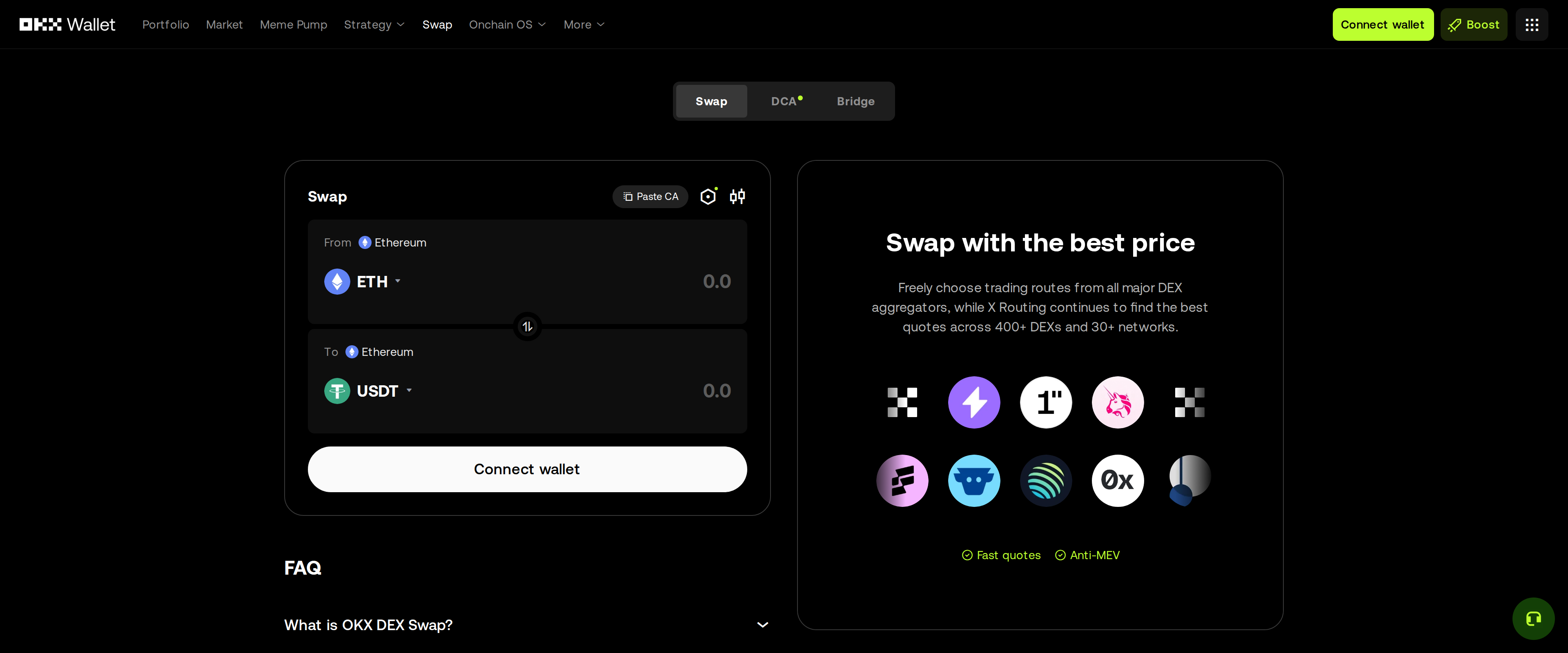 OKX Wallet's DEX Swap page promising a swap at the best price
