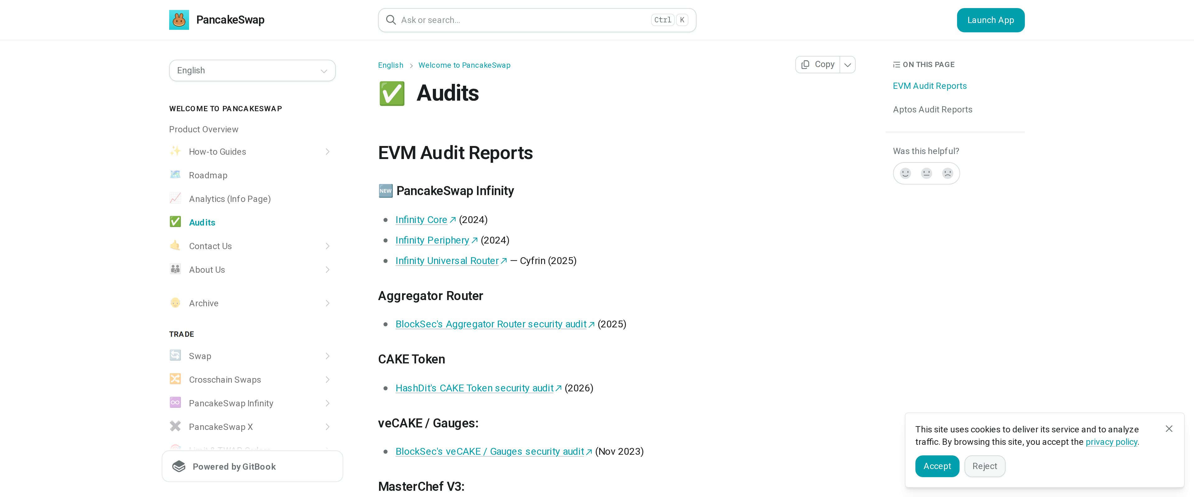 PancakeSwap's documentation page listing audit reports from BlockSec, HashDit and other firms