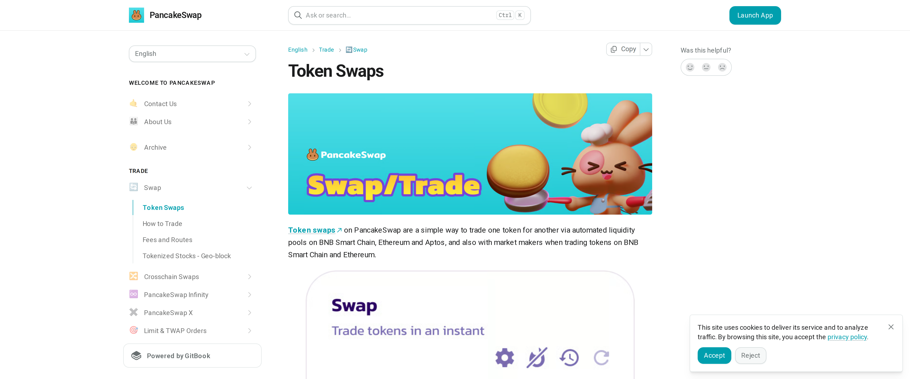 PancakeSwap's Token Swaps documentation page describing swap mechanics and fee routing