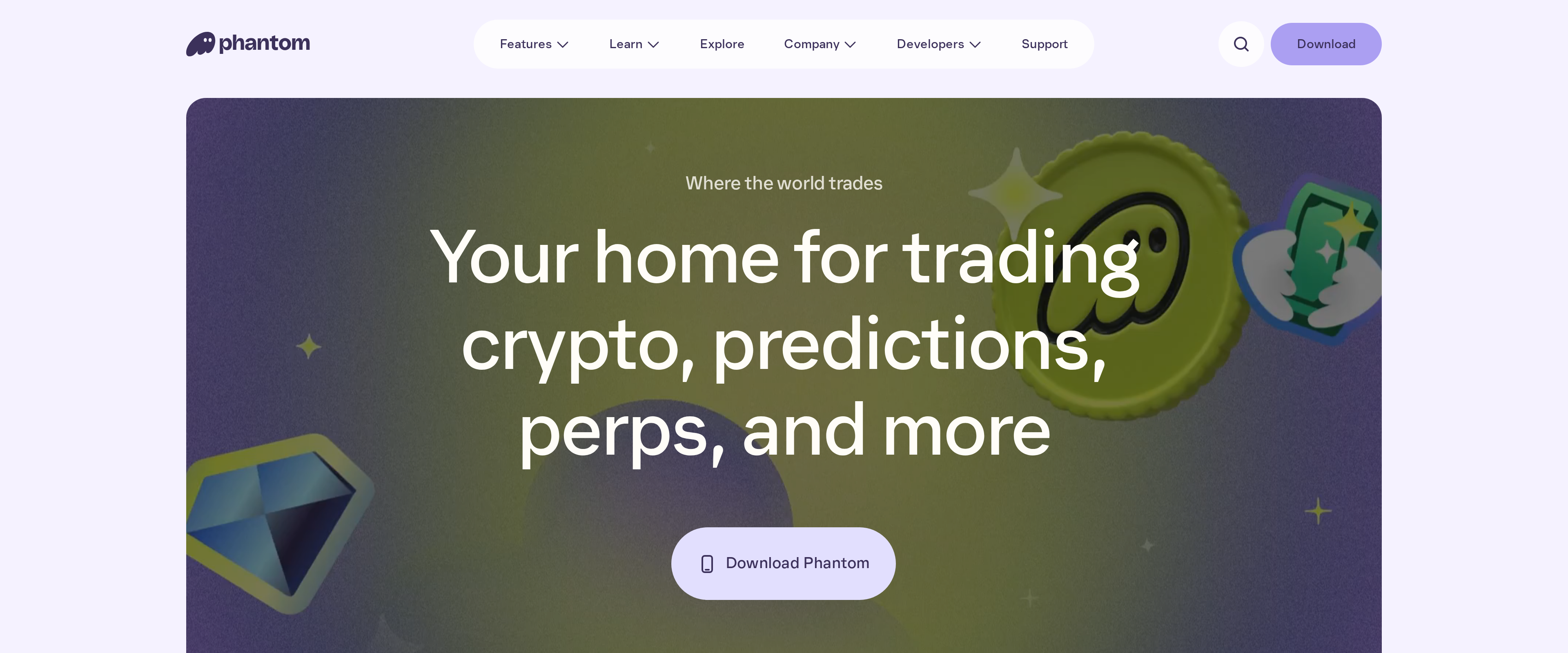 Phantom homepage headline reading Your home for trading crypto, predictions, perps, and more