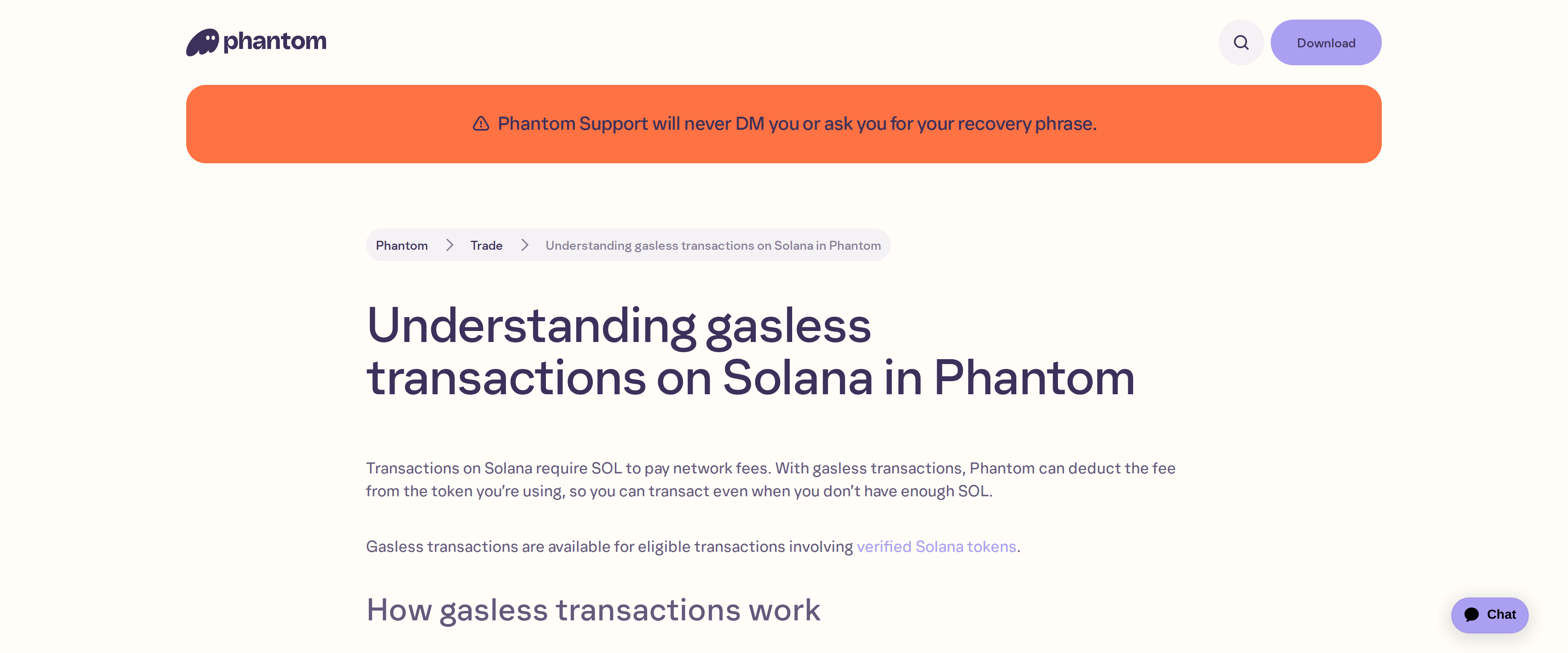 Phantom help article explaining gasless transactions on Solana