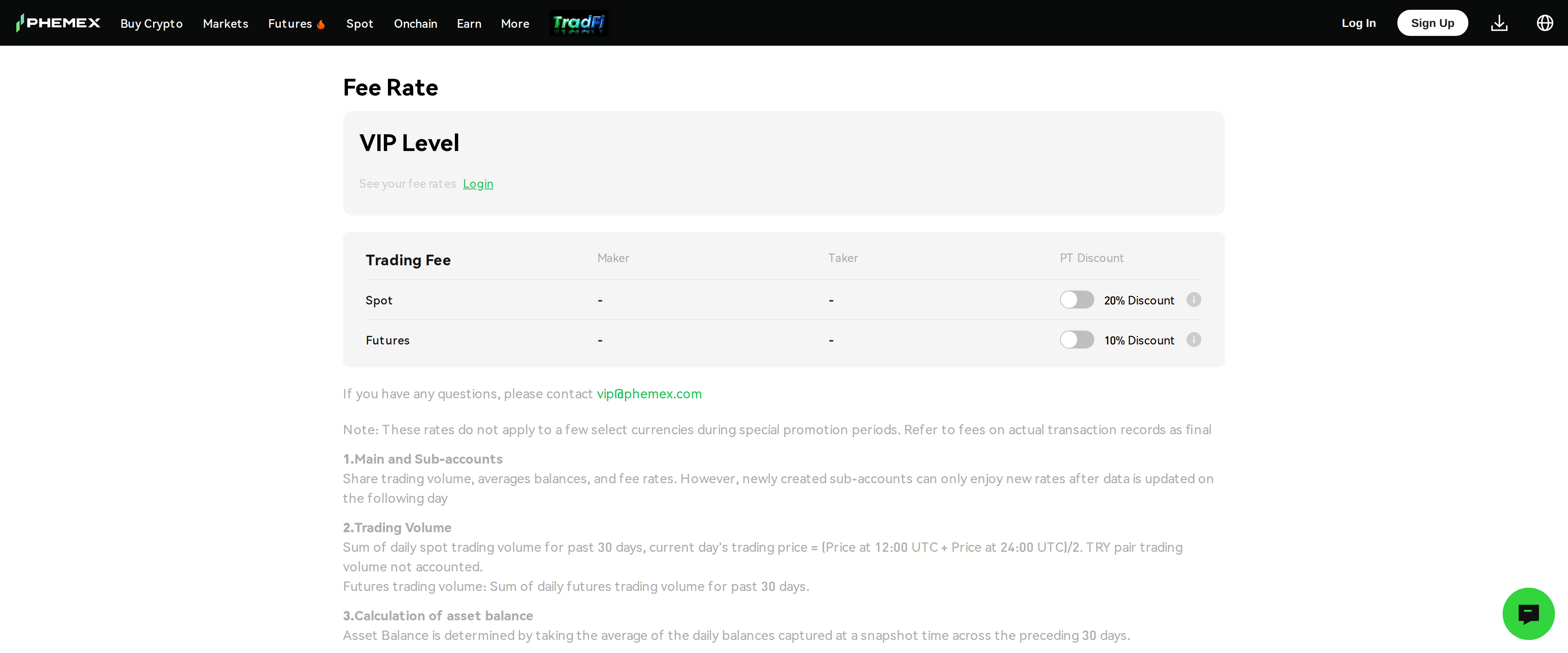 Phemex fee rate page with Spot and Futures rows and a VIP-level login prompt