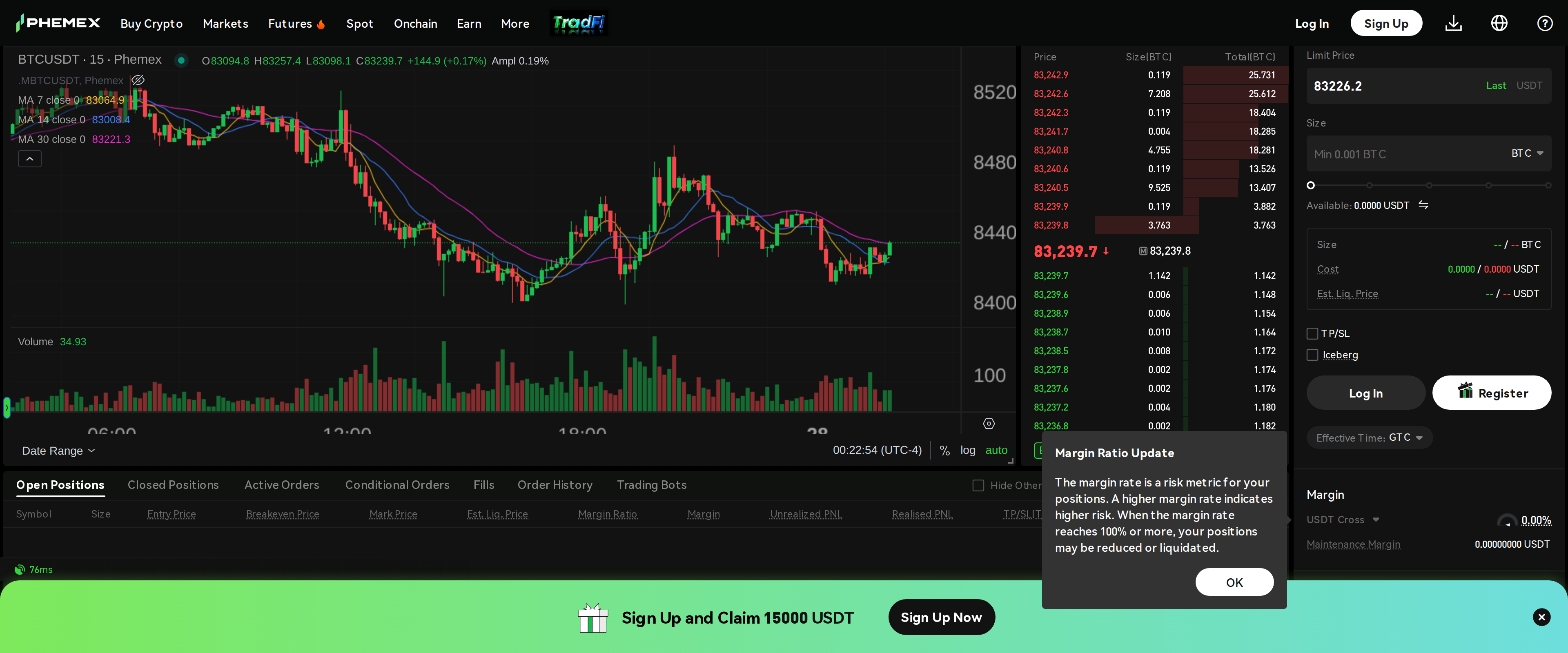 Phemex futures order book and limit order ticket for BTC/USDT with a margin ratio explainer popup open